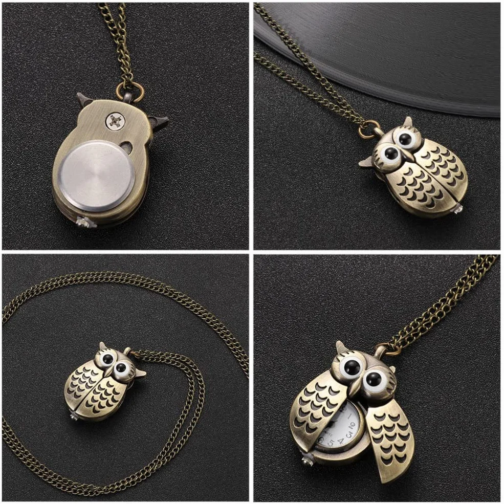 Búho Reloj de Bolsillo Vintage Retro Bronce Steampunk Locket Colgante Cadena Larga