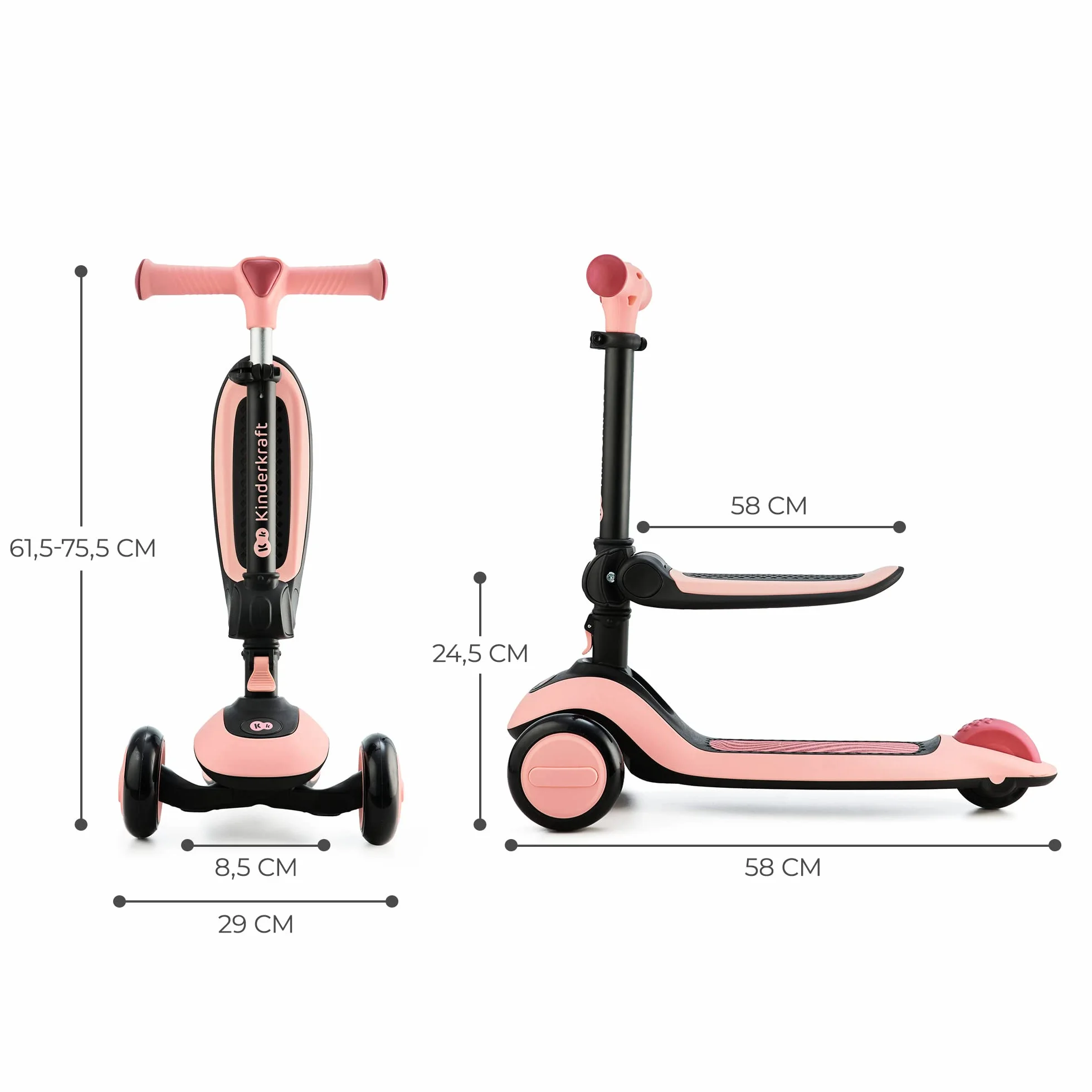 Kinderkraft Halley 2 en 1 Bicicleta sin Pedales y Patinete con Ruedas LED, Manillar Ajustable, Base Antideslizante, Ultraligera y Segura para Niños – Rosa