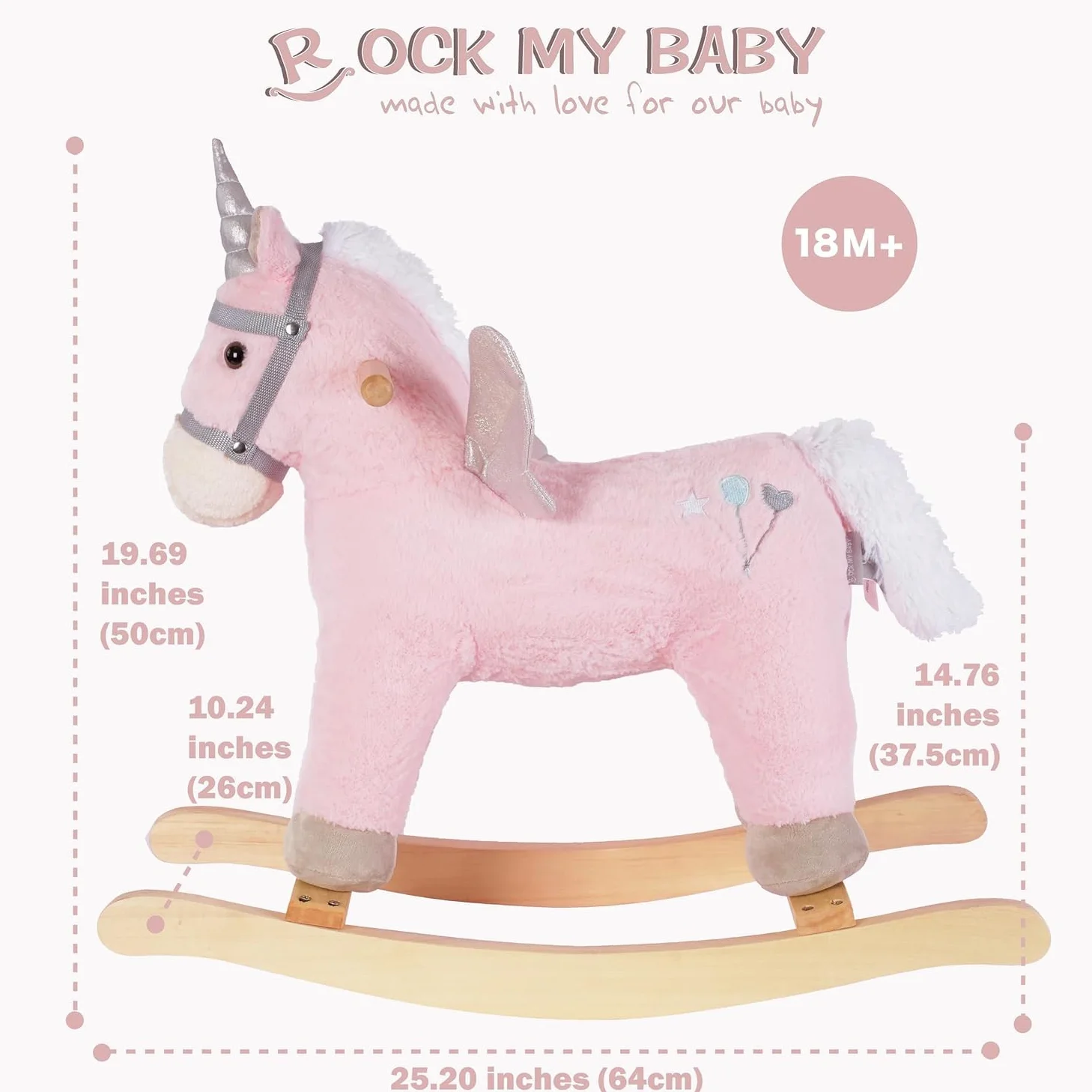 Sacudiendo los caballos, marrón oscuro caballo Rocker para niños pequeños 18M +, juguete de paseo de peluche en caballo con sonido realista, relleno suave (rosa)