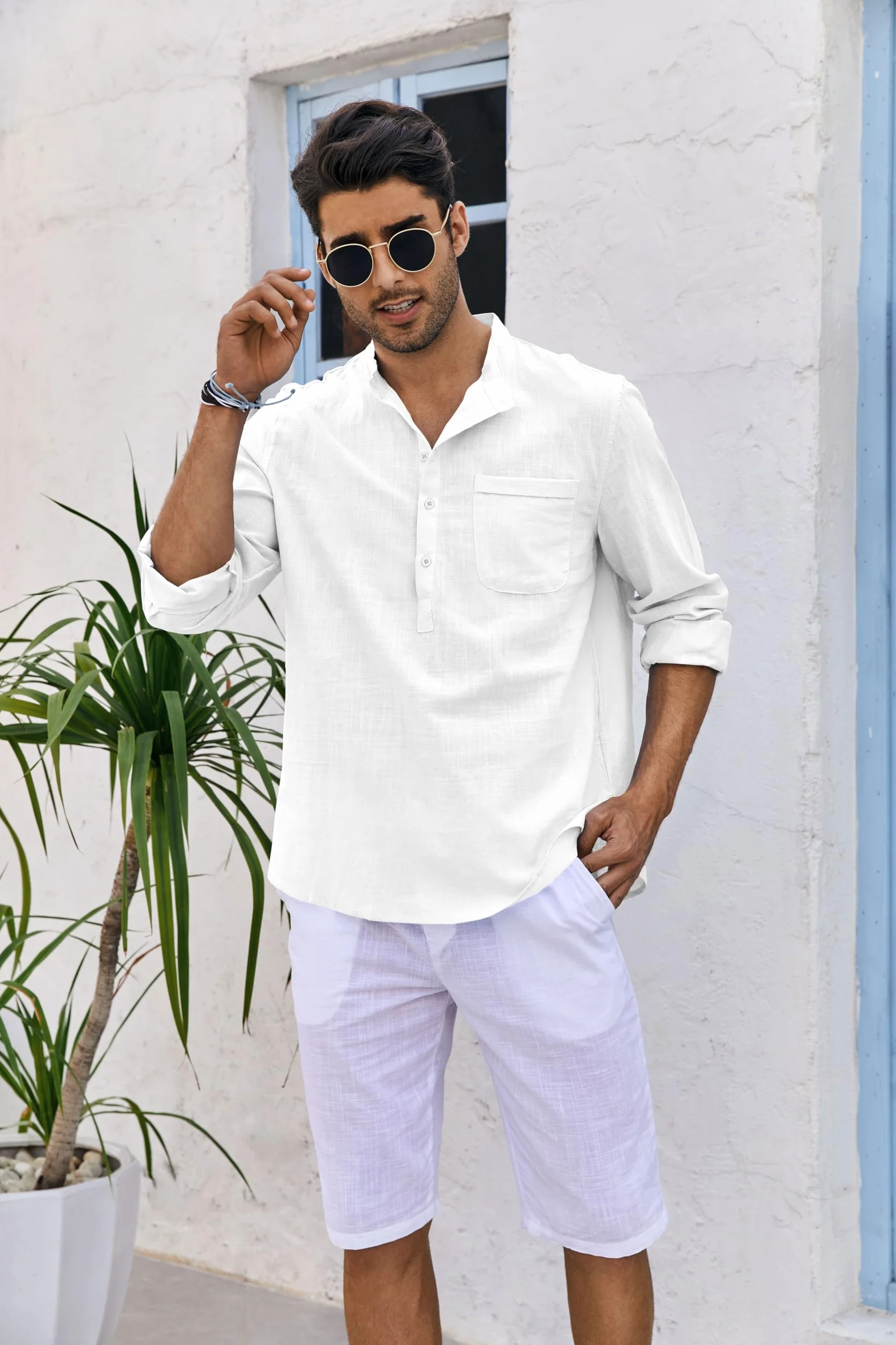 Camisa de lino para hombre manga larga algodón corte regular playa verano