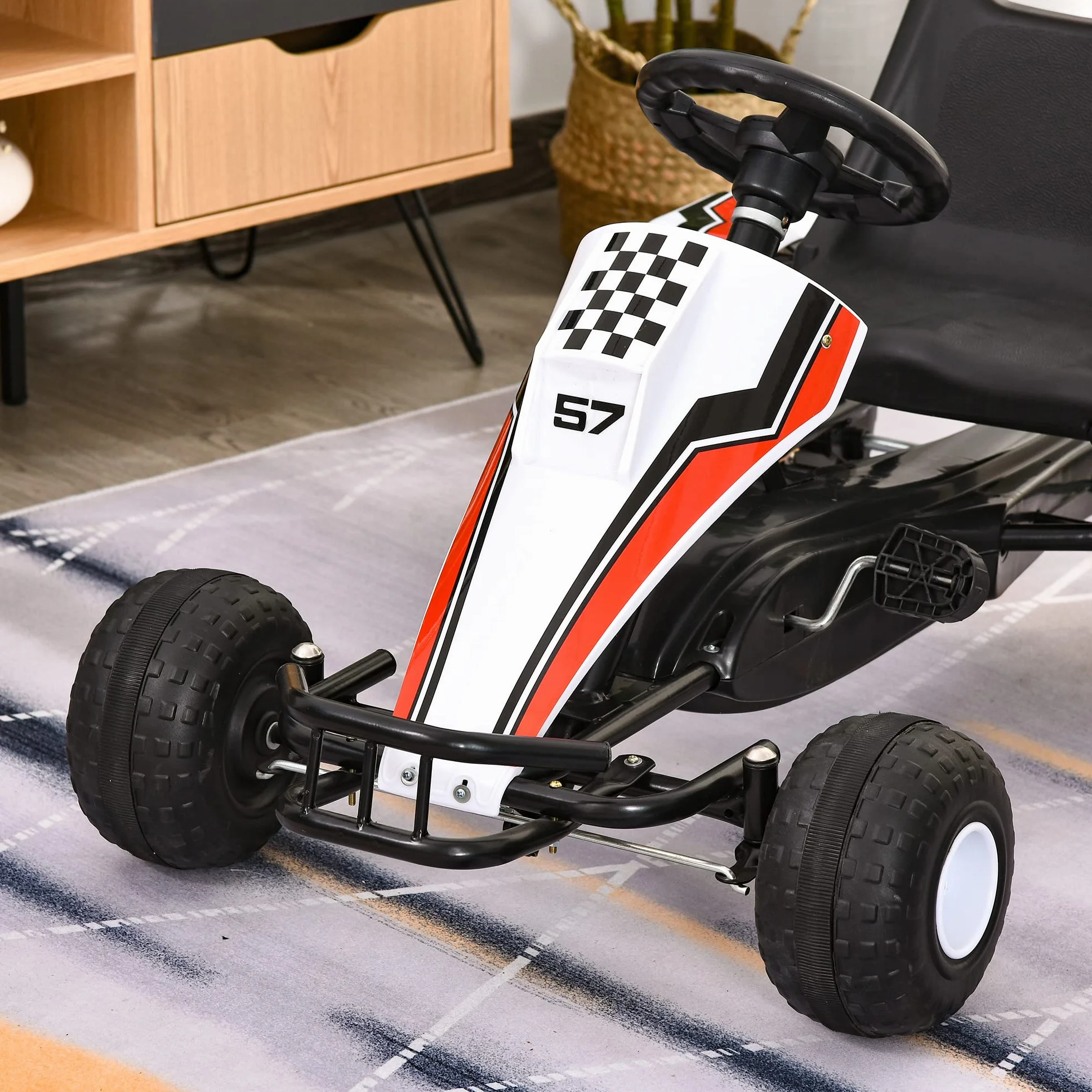 HOMCOM Go Kart a Pedales para Niños de +3 Años Coche de Pedales Infantil con Asiento Ajustable y Freno de Mano 104x66x57 cm Blanco y Negro