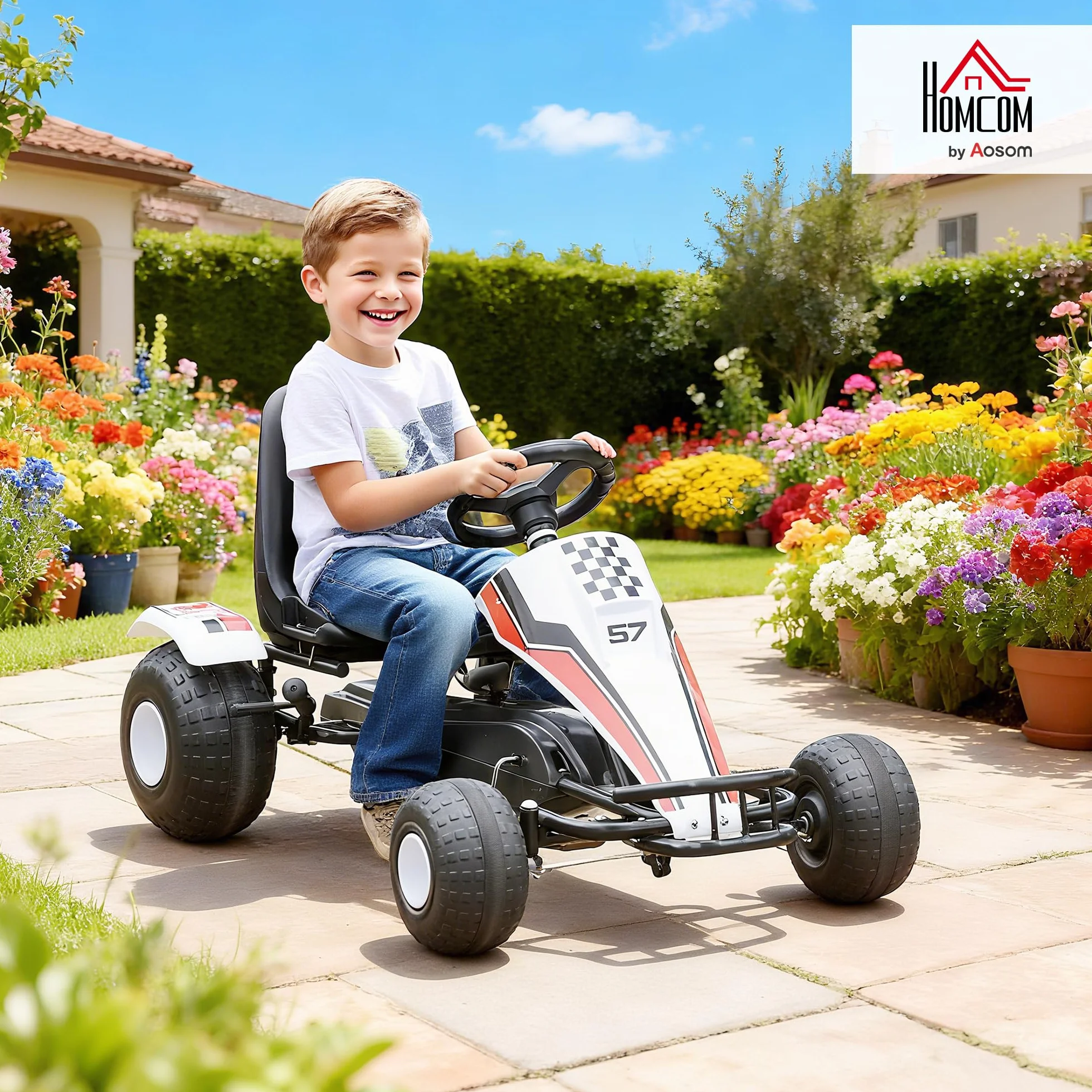 HOMCOM Go Kart a Pedales para Niños de +3 Años Coche de Pedales Infantil con Asiento Ajustable y Freno de Mano 104x66x57 cm Blanco y Negro