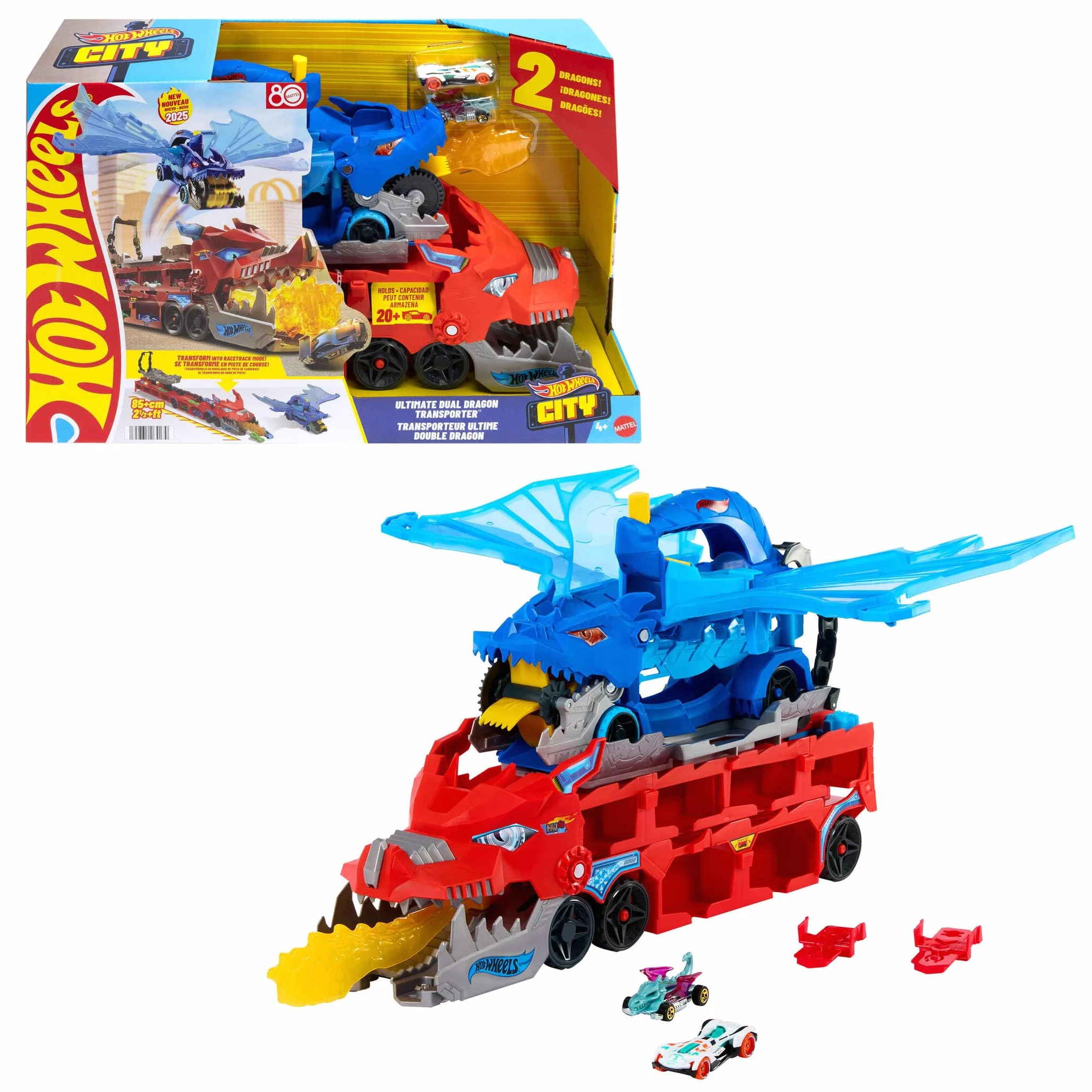 Hot Wheels City Dragón transportador con Ataque Doble definitivo Conjunto de Pista de Coches de Juguete con 2 Coches metálicos, dragón a Gran Escala y Desmontable, Capacidad más 20 vehículos, JKJ79