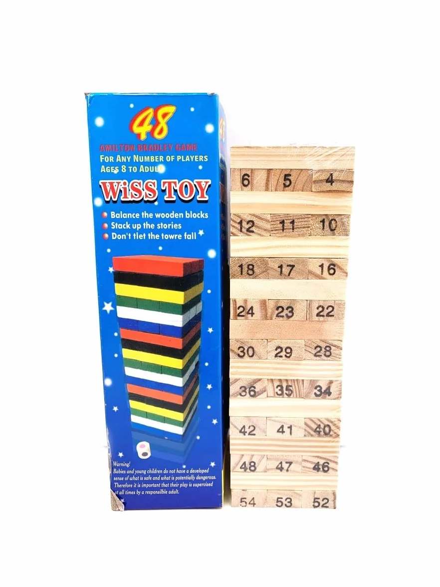 Torre de Bloques de Madera, 54 Piezas, 23x7x7 cm, Juego de Habilidad con Dado, para Todas Las Edades (Madera, 54 Piezas - 23x7x7 cm)