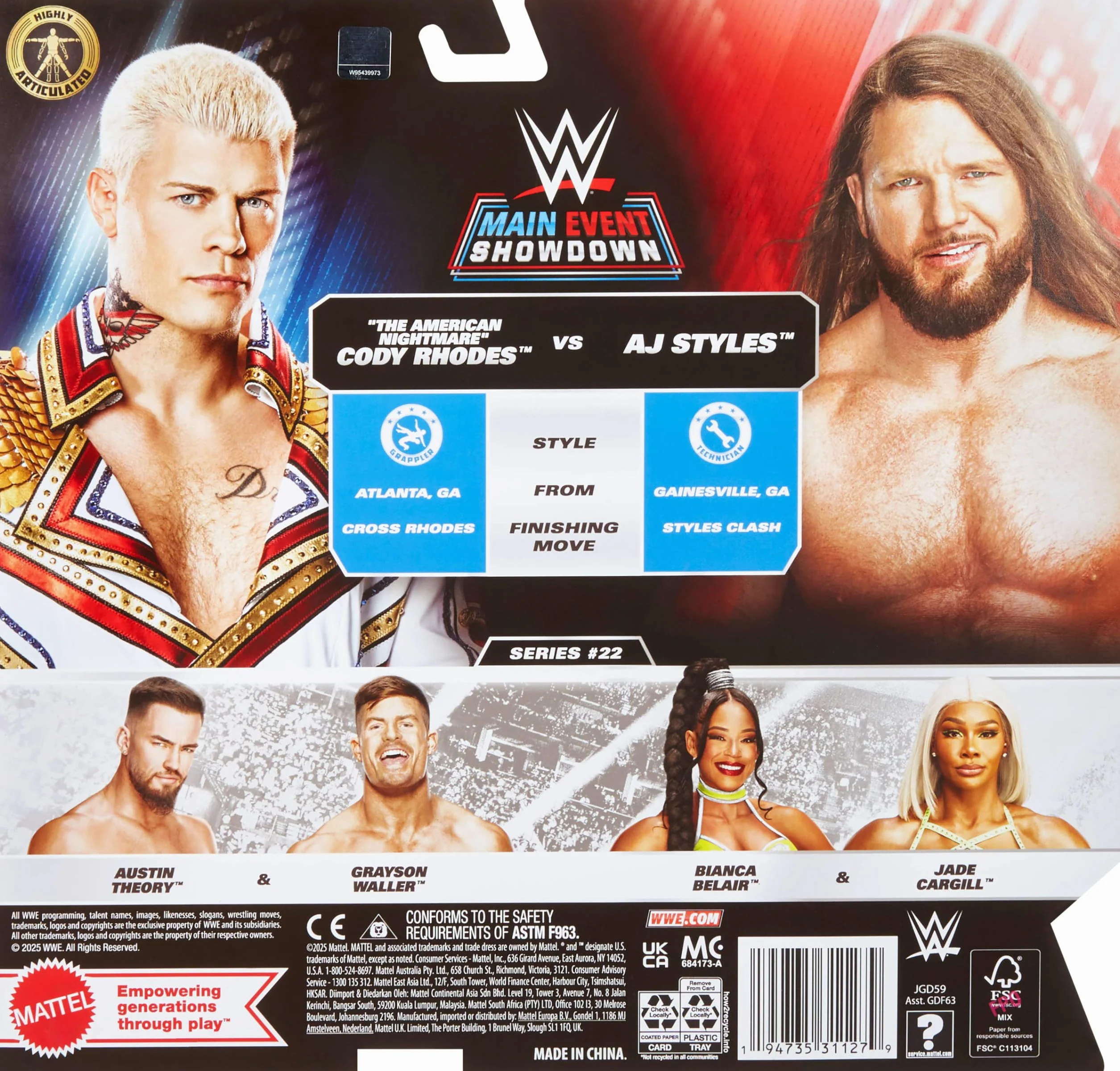 Mattel WWE Main Event Showdown - Figuras de acción con accesorio, serie #22 Cody Rhodes vs AJ Styles, juego coleccionable, 6 pulgadas