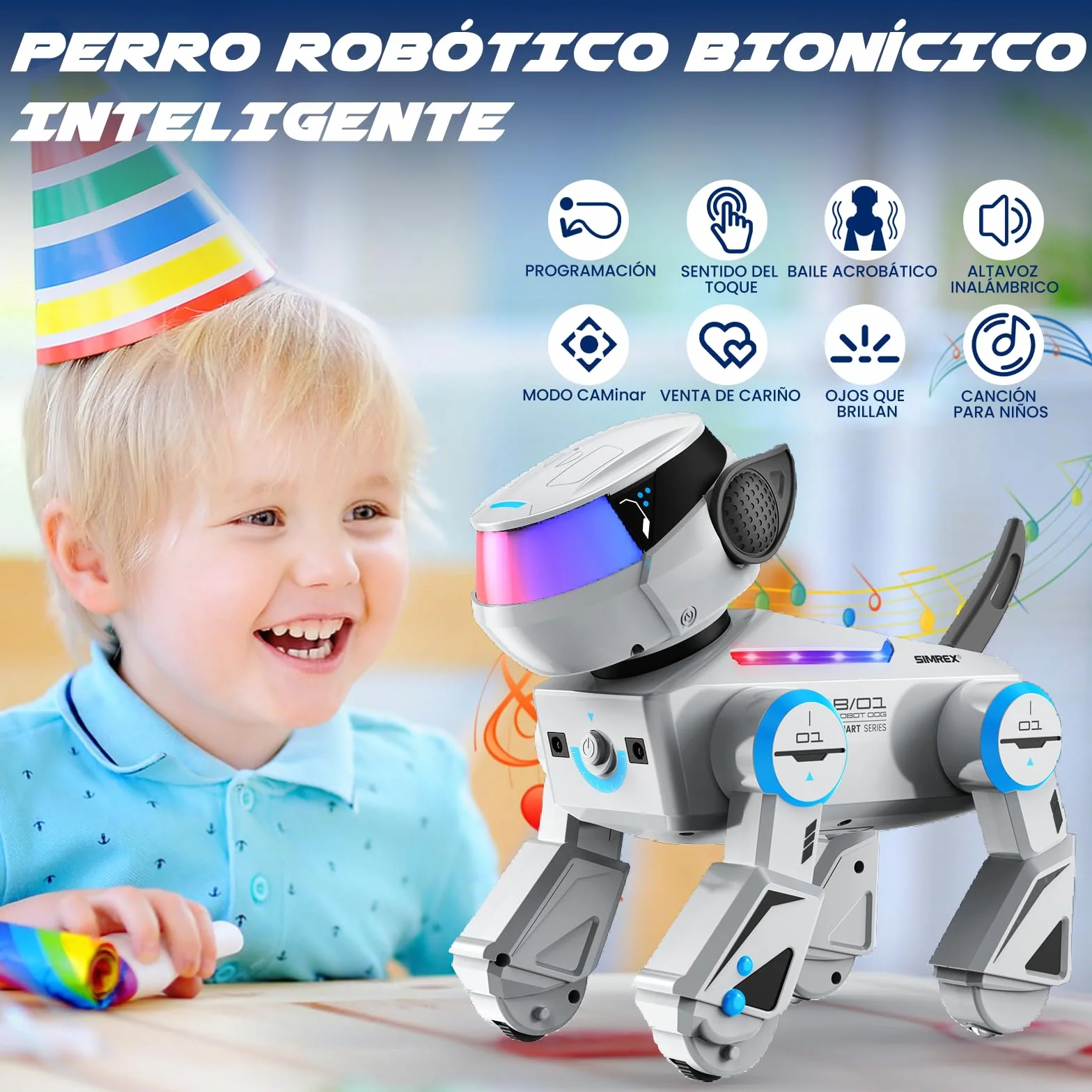 SIMREX Robot Perro Juguete Inteligente Interactivo con Sensor Táctil Control Remoto Bluetooth Ojos LED Gris