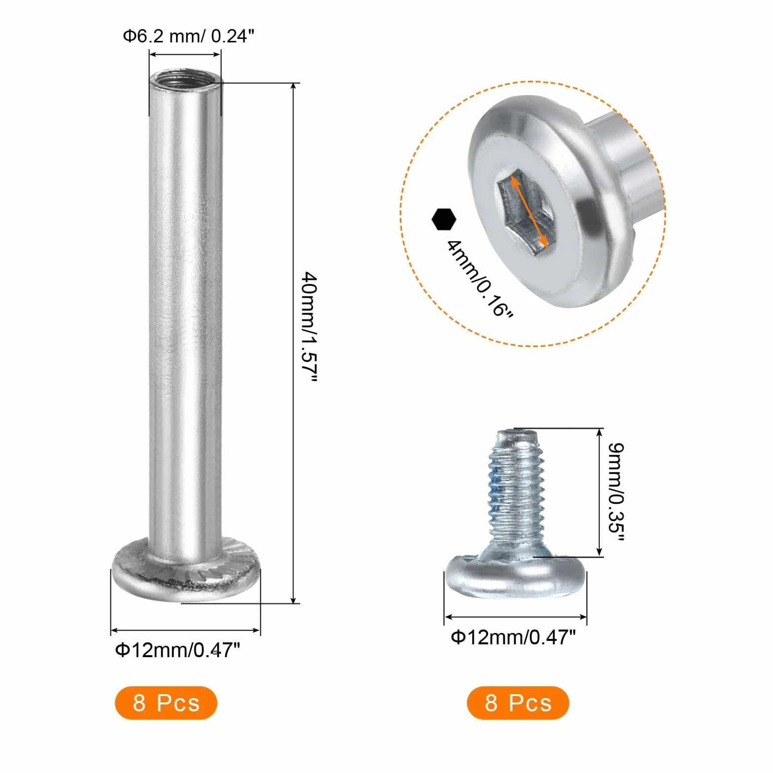 QUARKZMAN 8 Pcs Tornillo de Enchufe para Rueda de Patines en Línea, 1.57 x 0.24 Hexagonal