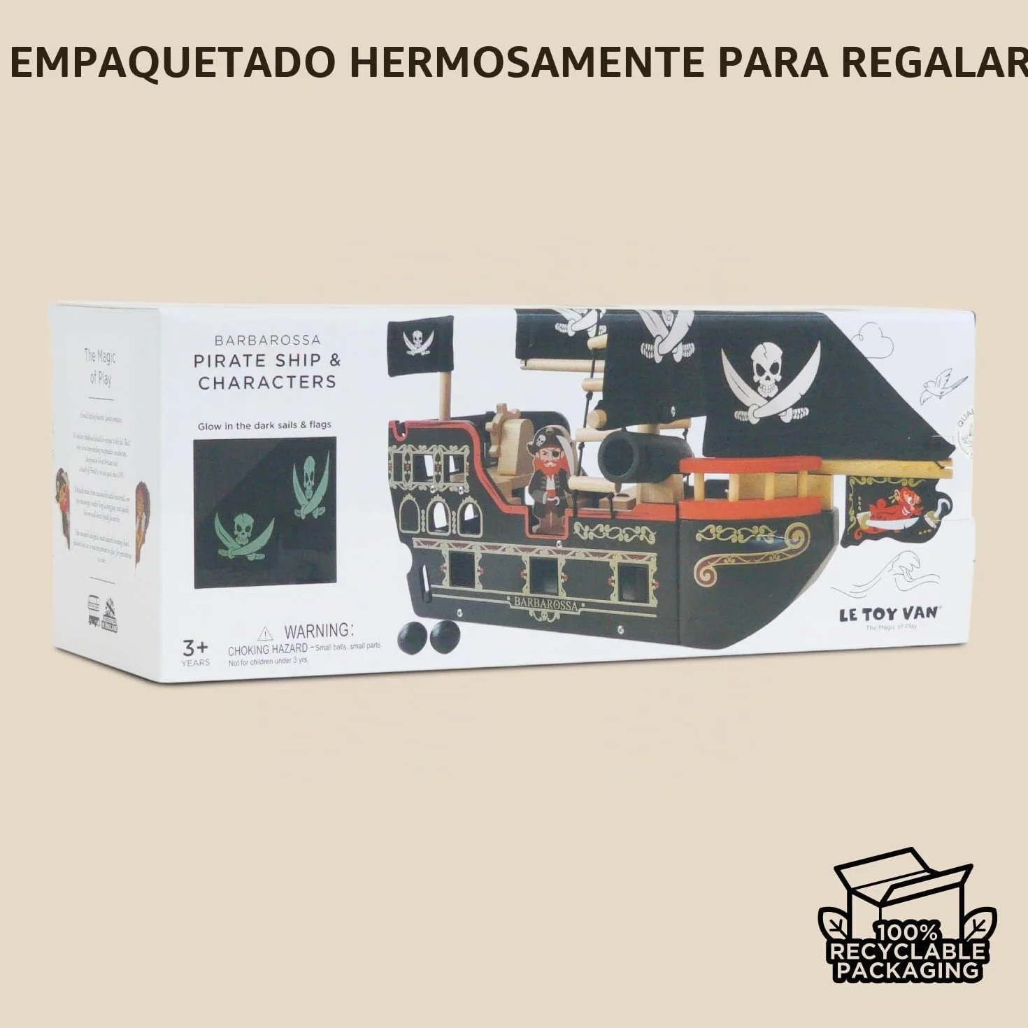 Le Toy Van - TV246 - Juego de Madera Galeón Pirata 3 años, Barco Pirata de Barbarroja, 2 Piratas incluidos, Brilla en la Oscuridad, 48 x 24 x 49 cm, Juegos ecológicos Montessori