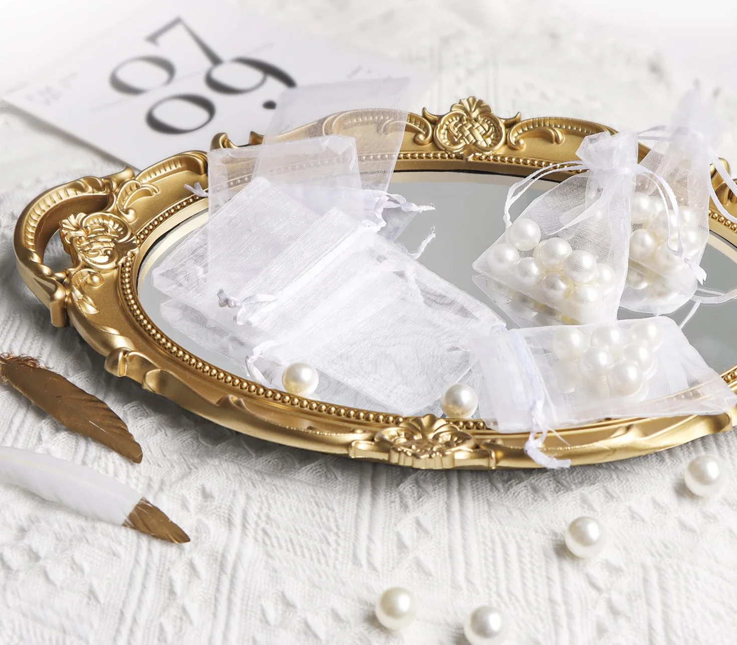 OWill 50 Pcs Bolsitas de Tela Pequeñas 7x9cm Bolsas de Organza Blanco,Bolsitas Regalo Pequeñas para Joyas con Cordón para Boda Favores Joyas y Dulces,festivales y fiestas