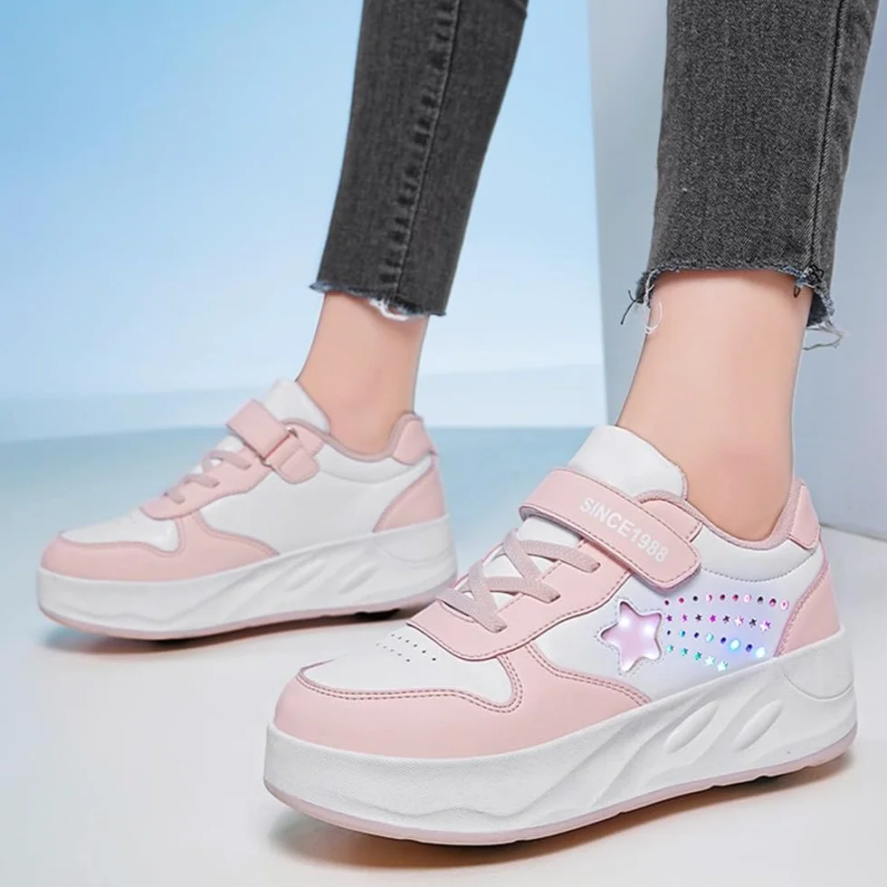 Zapatos con Ruedas para Niñas Niños, Patines con 4 Ruedas Retirable, Zapatillas de Skateboarding