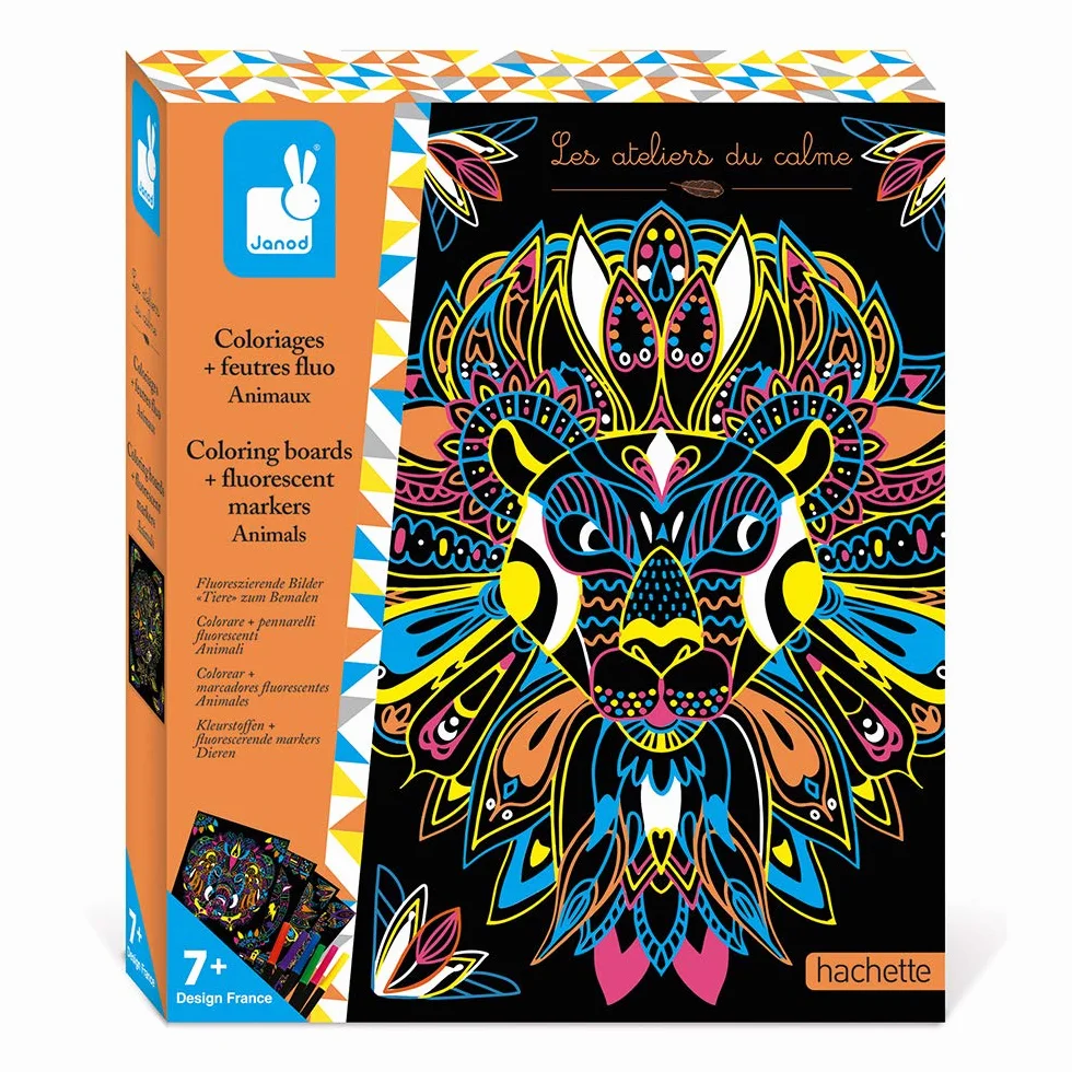 Janod - Estuche Colorear Mandas y Rotuladores Fluorescentes Animales - Les Ateliers Du Calme - Kit Infantil de Manualidades Creativas - Motricidad Fina y Creatividad - Desde 7 Años, J07949