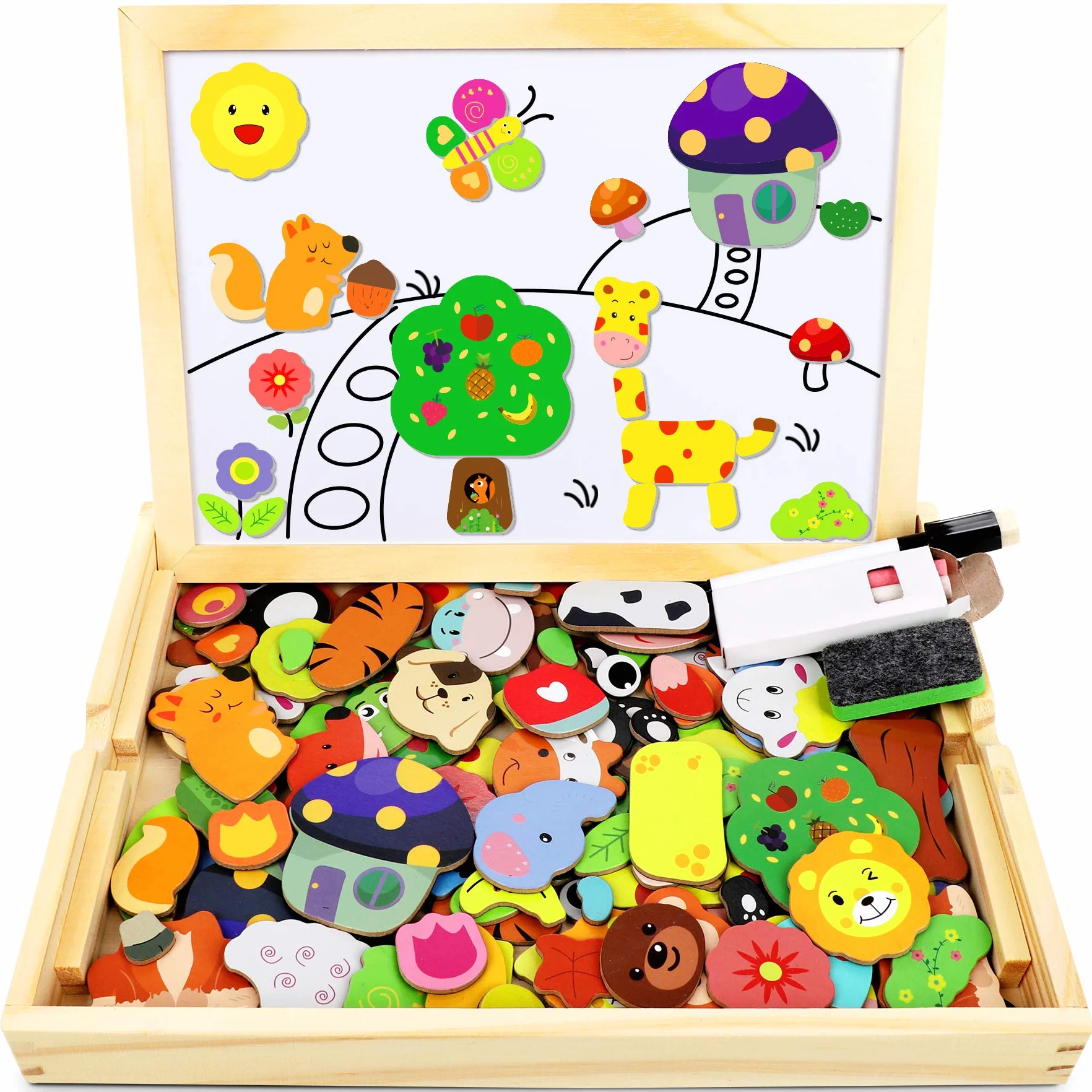 Puzzles de Madera 110 pcs, Juguete Educativo con Pizarra Magnética Doble Cara, Rompecabezas para Niños 3-5 Años Animales Bosque