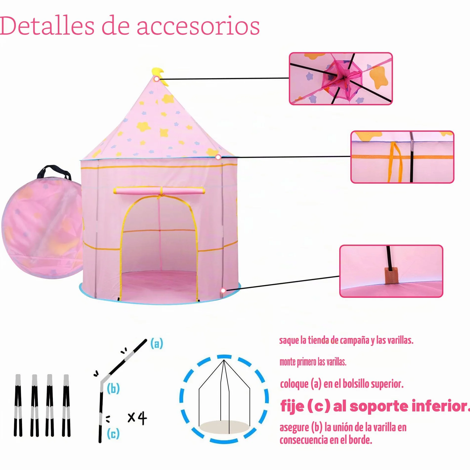 Carpa para niños,con Luces de Estrellas Castillo,Tienda para Niños, Playhouse Toy para Juegos de Interior y Exterior,Navidad & Cumpleaños Regalos para Niños Chico Niña (Rosa Luna)