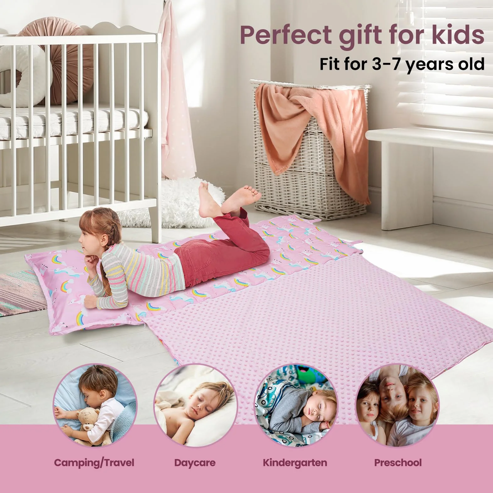 Saco de Dormir para Niños con Almohada y Manta Extra Gruesa Grande 2 en 1, Alfombrilla de Siesta para Niñas y Niños, Bolsa de Dormir Bebés para Preescolar Viajes Camping