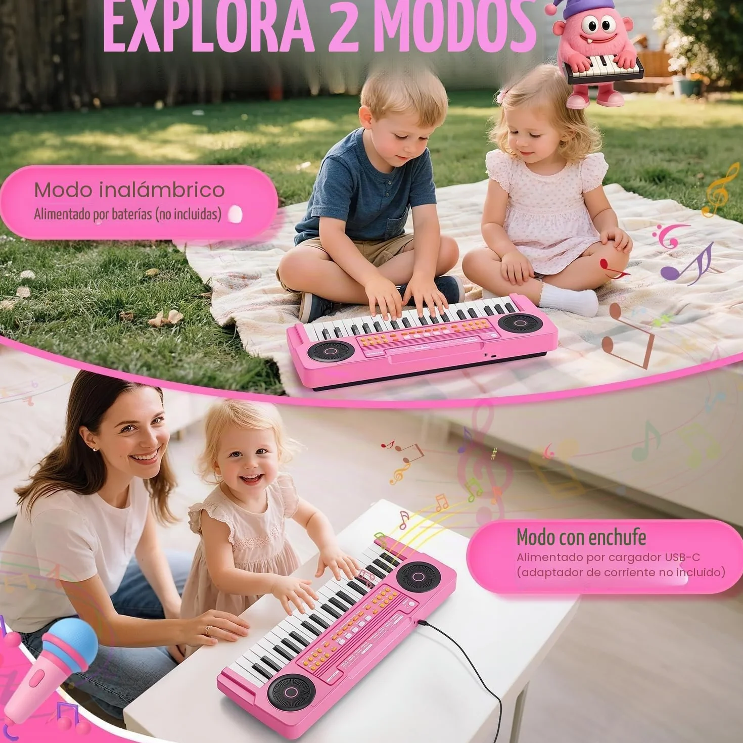 Teclado Piano Musical Educativo para Niños Piano Infantil Portátil 37 Teclas con Micrófono Juguetes Musicales Regalo para Niños y Niñas de 3 4 5 6 7 Años Rosa