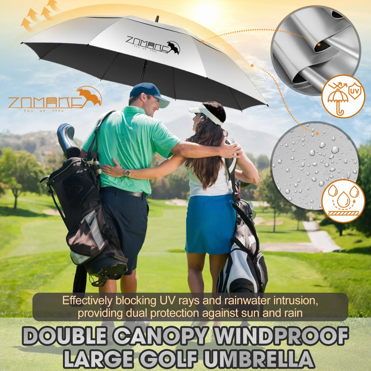 ZOMAKE Paraguas Golf Grande XXL 68/62 pulgadas UV Antiviento Doble Cubierta Mango Madera