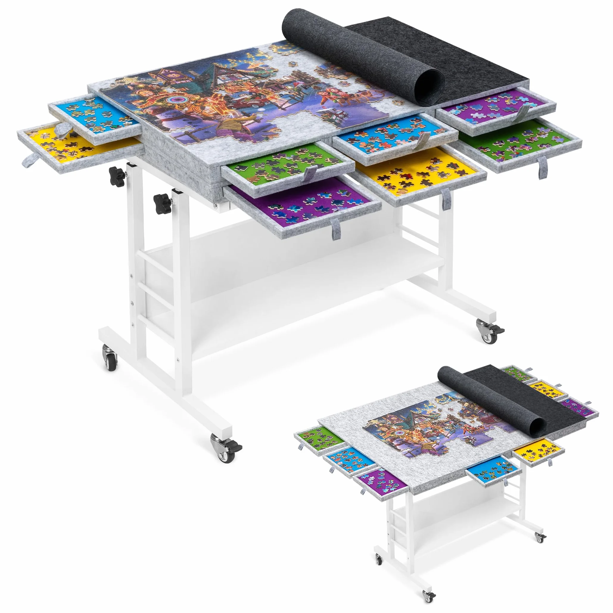 Tektalk Rompecabezas de Fieltro Plegable de 2000 Piezas con Ajuste de Altura, Mesa de Rompecabezas con 2 Cubiertas de Fieltro y 8 bandejas de clasificación/cajones, Caballete con Patas, Cerrado con 4
