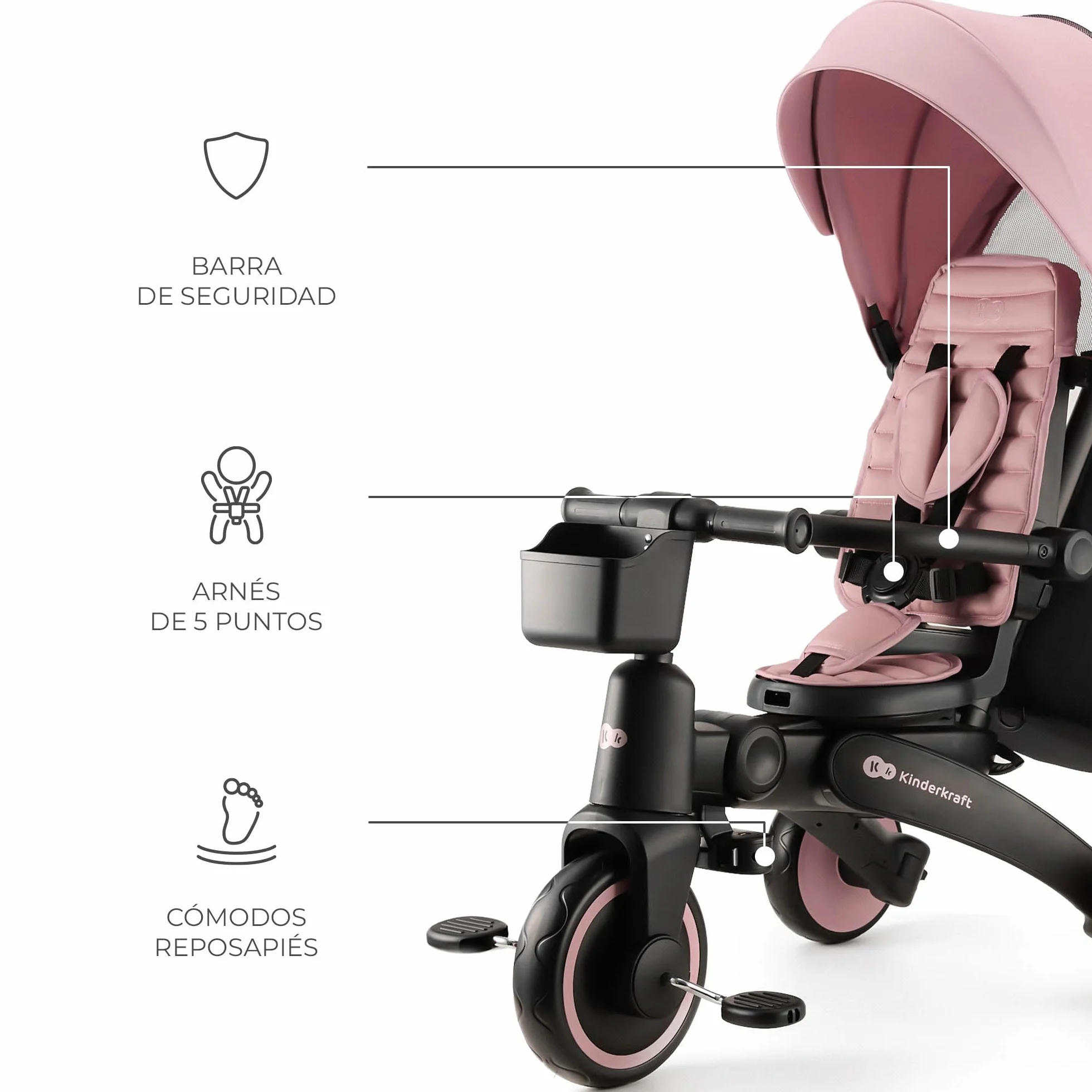 Kinderkraft JAZZ2 Triciclo 6 en 1, con función de Rueda para niños, Cochecito Plegable con Accesorios, protección UV UPF50+, de 9 Meses a 5 años, Rosa
