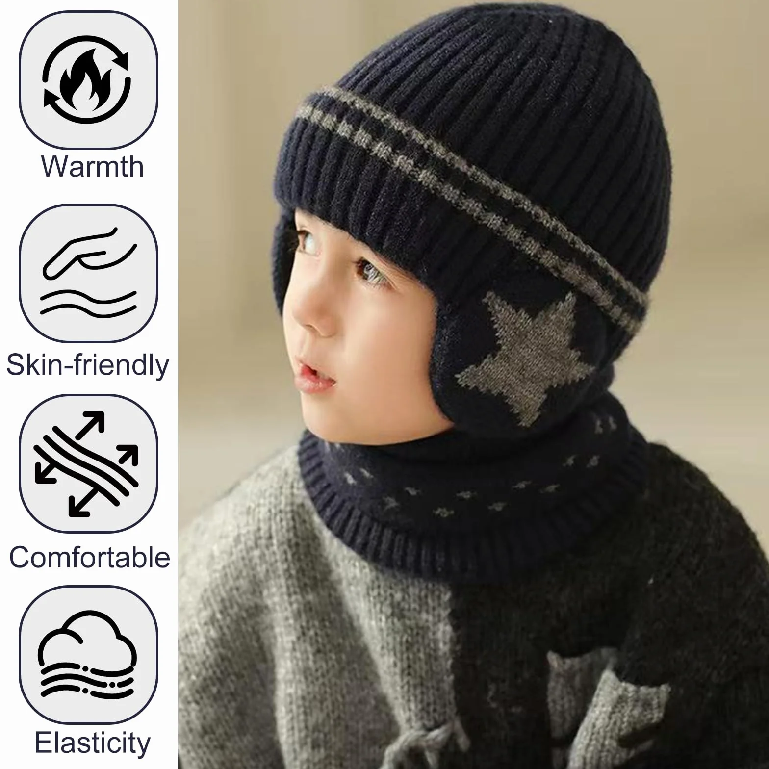 3 Piezas 3 en 1 Conjunto de Gorro Bufanda y Guantes para Niños, Sombrero de Punto con Forro Polar, Invierno Cálido Beanie
