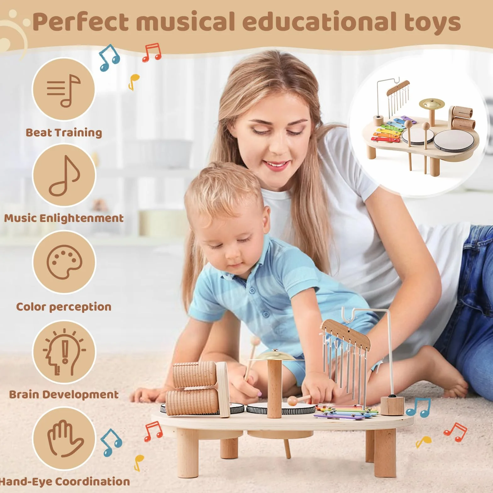Juego De Tambores para Bebés 7 En 1, Juguetes Musicales De Piano De Madera, Instrumento Montessori Infantil, Instrumento De Percusión Educativa, Regalo De Cumpleaños para Niños Y Niñas, A