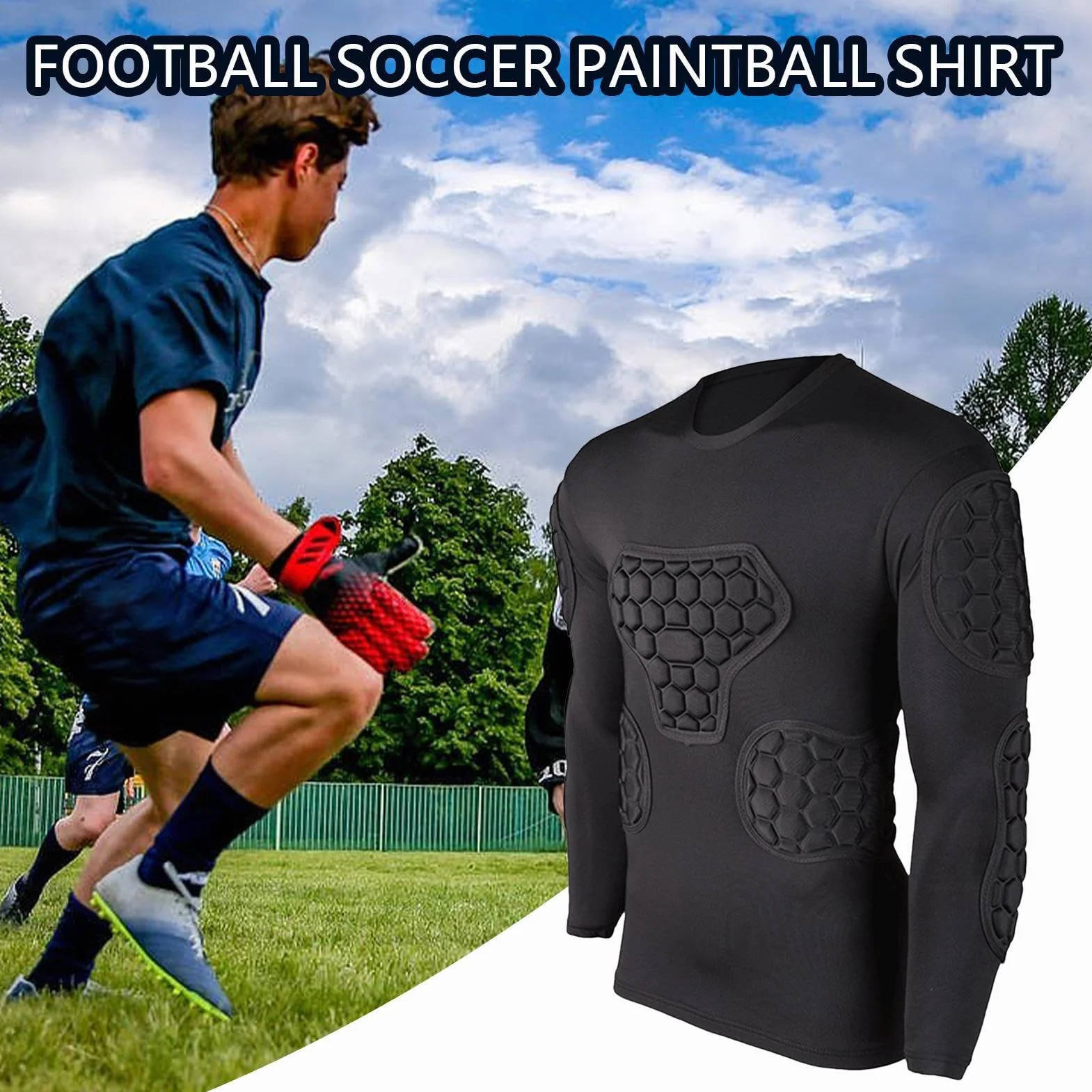 Teksome Camiseta de compresión acolchada de fútbol para portero manga larga negra