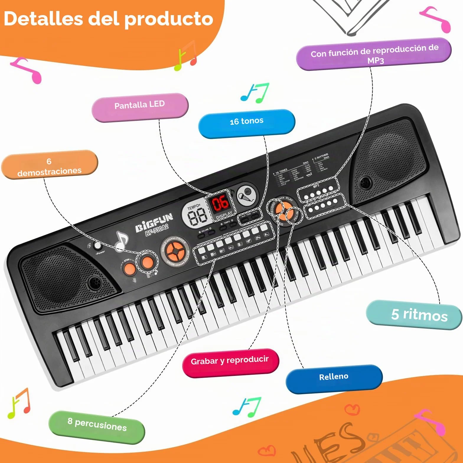 Piano Teclado para Niños 61 Teclas Piano Electrónico Portátil con Pantalla LCD y Micrófono Music Juguete para 3 4 5 6 7 8 Niños Niñas Regalo