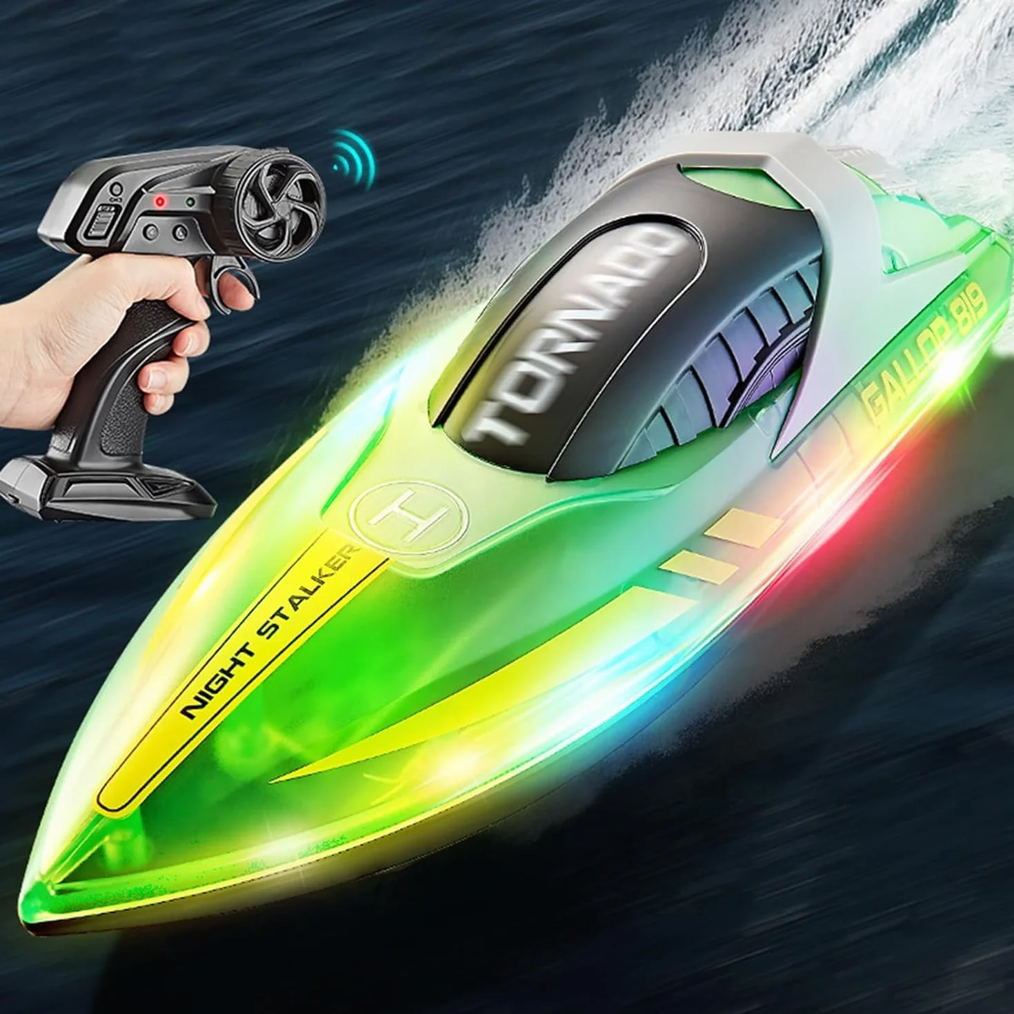 Barco Teledirigido, Barcos de Carreras de 2,4 GHz para Piscinas y Lagos, Barco RC con Luces LED y Alarma de Batería Baja, Barco de Control Remoto para Niños y Adultos (Verde)