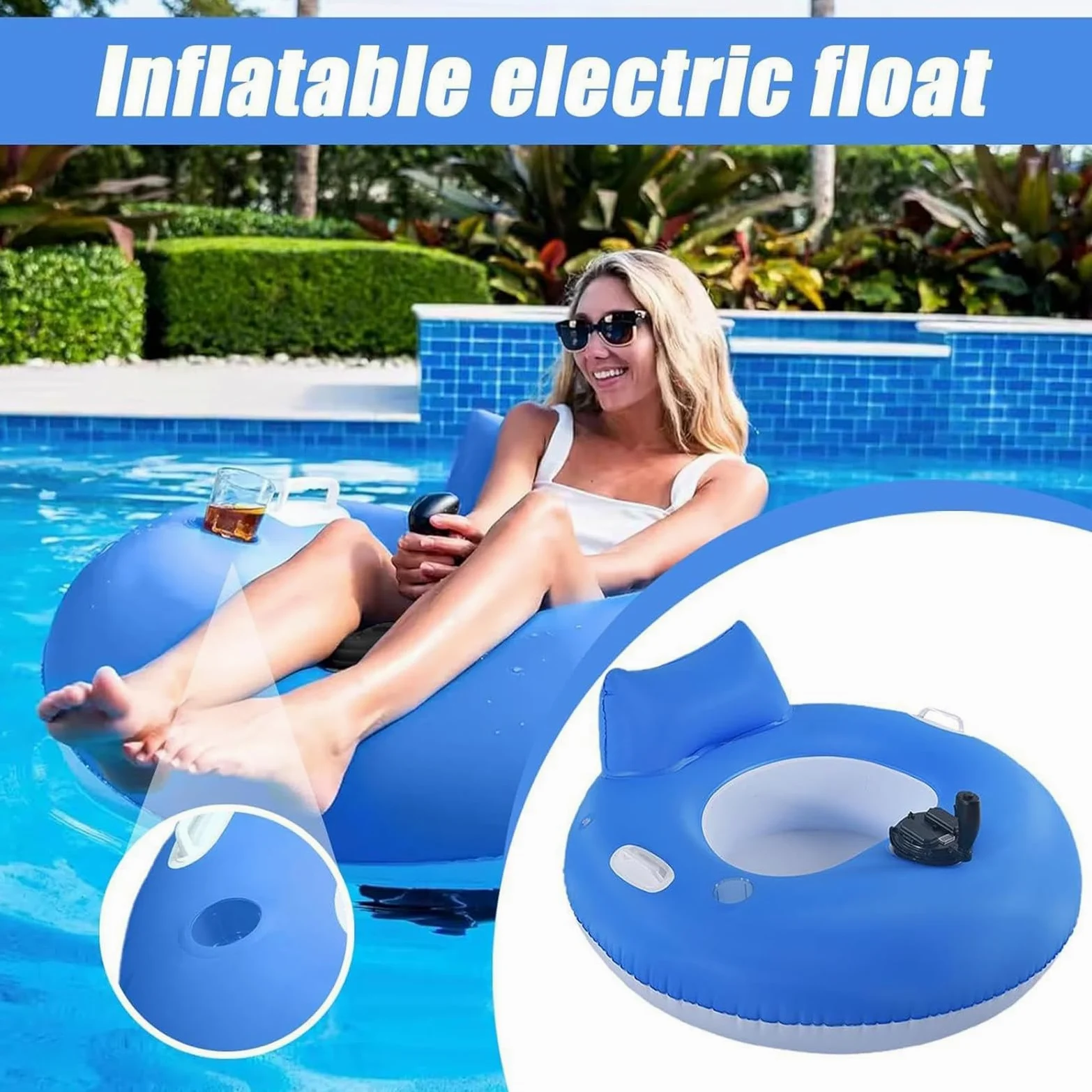 Flotador Motorizado para Adultos, Flotador Hinchable Motorizado para Piscina con Control De Dirección, Cómodo Respaldo Y Portavasos para Relajarse En La Piscina Durante El Verano
