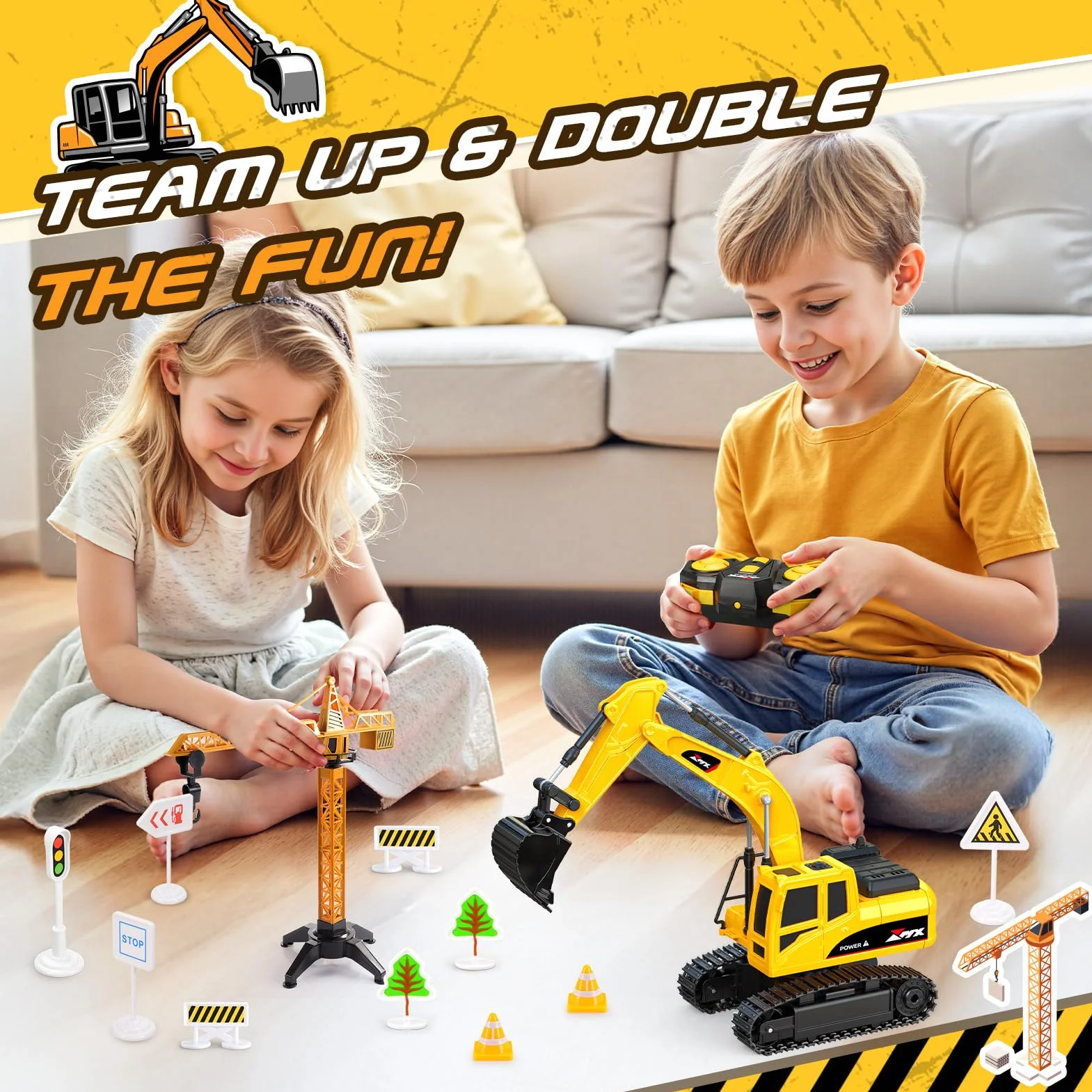 HappyGoLucky 1:24 Excavadora Juguete Teledirigido para Niños 3-9 Años, Camiones Juguete RC Teledirigido 2.4GHz con Grúa Torre y Señales de Tráfico, Luz LED, Mini Excavadora, Regalo Cumpleaños/Navidad