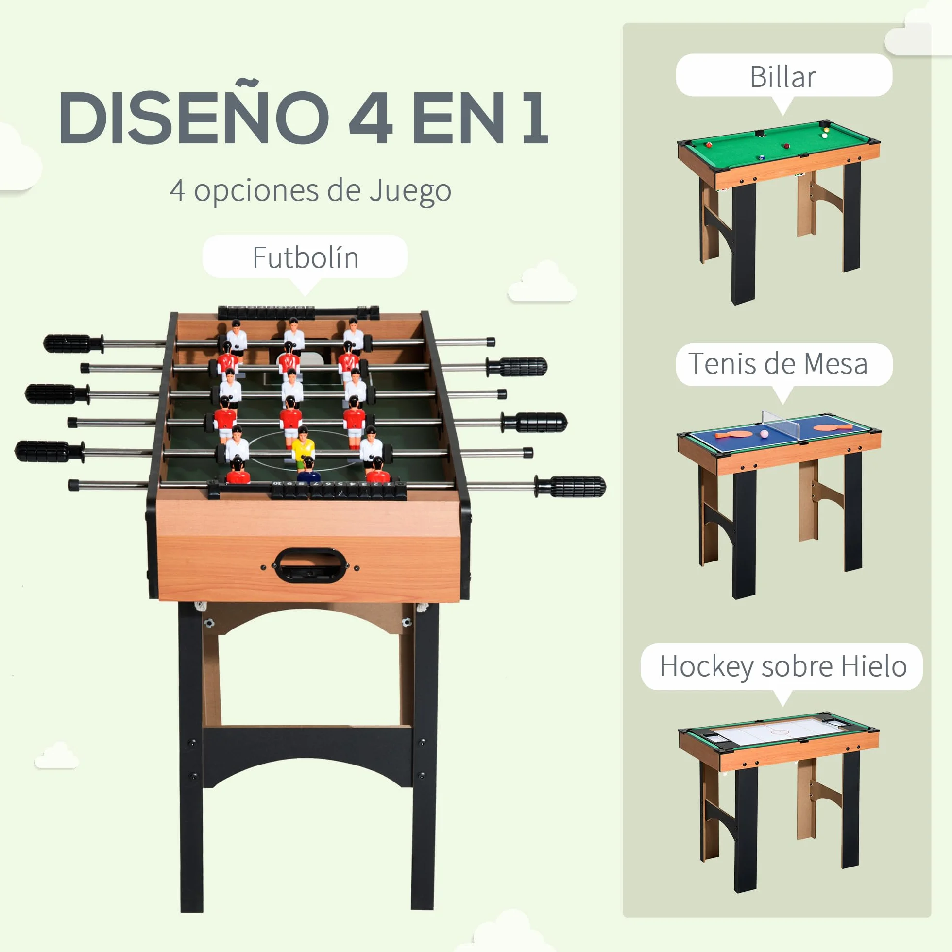 HOMCOM Mesa Multijuegos 4 en 1 para Niños +6 Años Mesa de Juego con Futbolines, Mesita de Billar y Ping-Pong 92x78x80 cm Natural y Negro