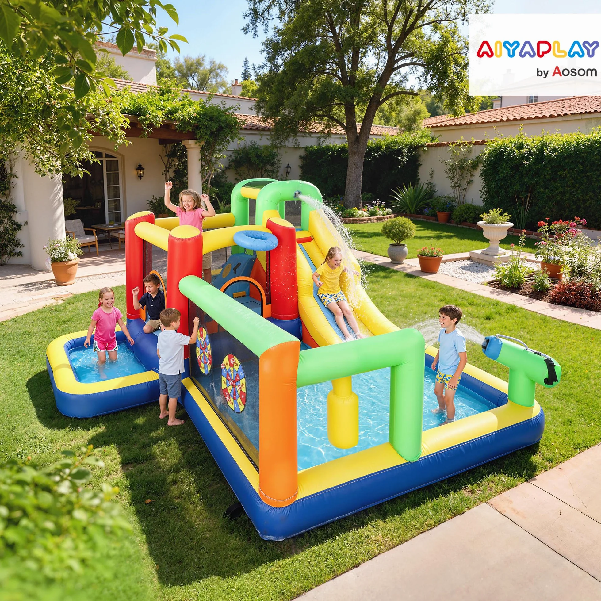 AIYAPLAY Castillo Hinchable Acuático con Soplador 550W 9 en 1 Castillo Hinchable Niños con Tobogán Zona de Salto Escalada 2 Piscinas Canasta Columna de Boxeo Dardos Exterior Interior 330x290x185 cm