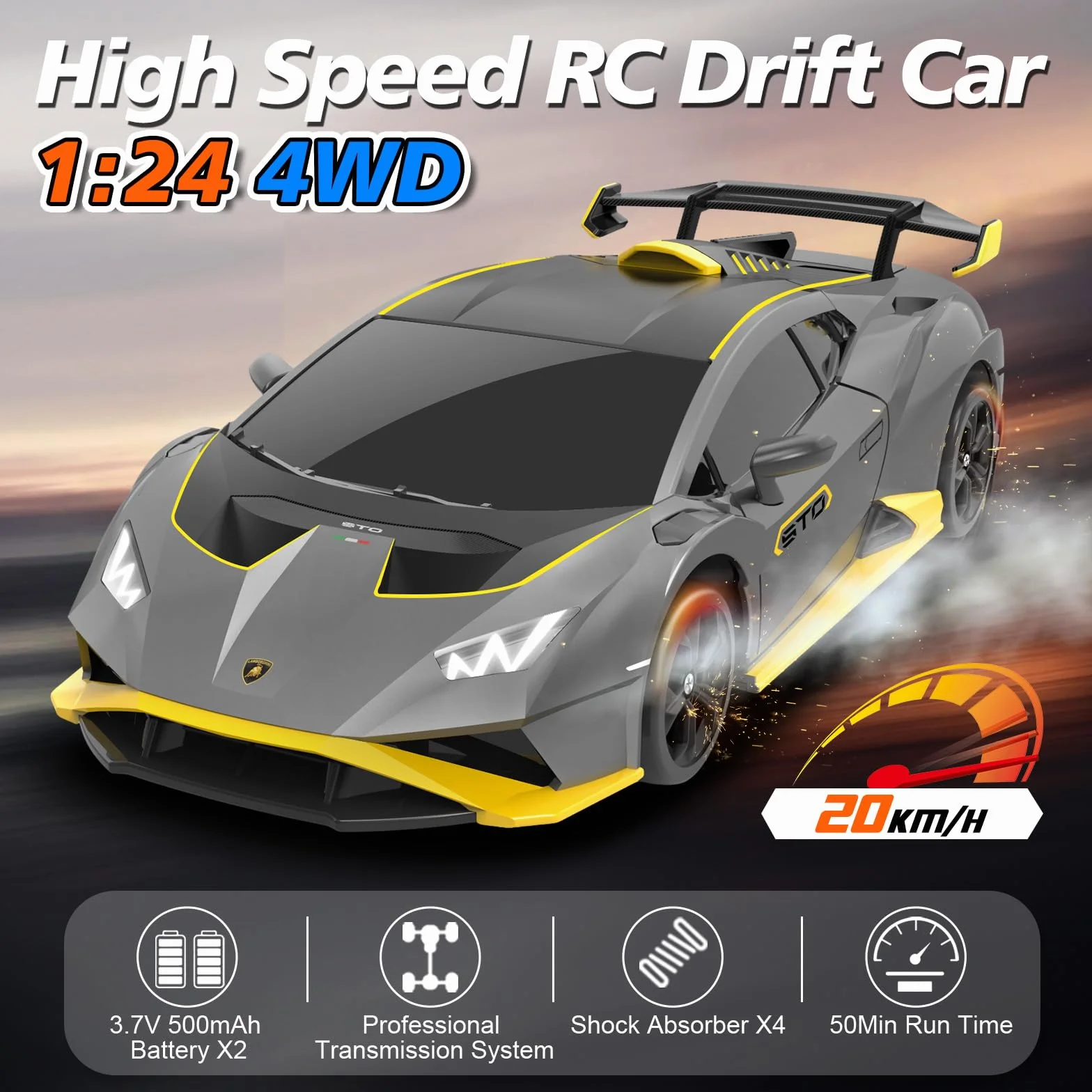 YONCHER Coche Teledirigido, 1:24 20KM/H RC Drift Coche, Lamborghini con Licencia Oficial, 2.4GHz 4WD Drift RC Car con Luces,para Niñas Adultos