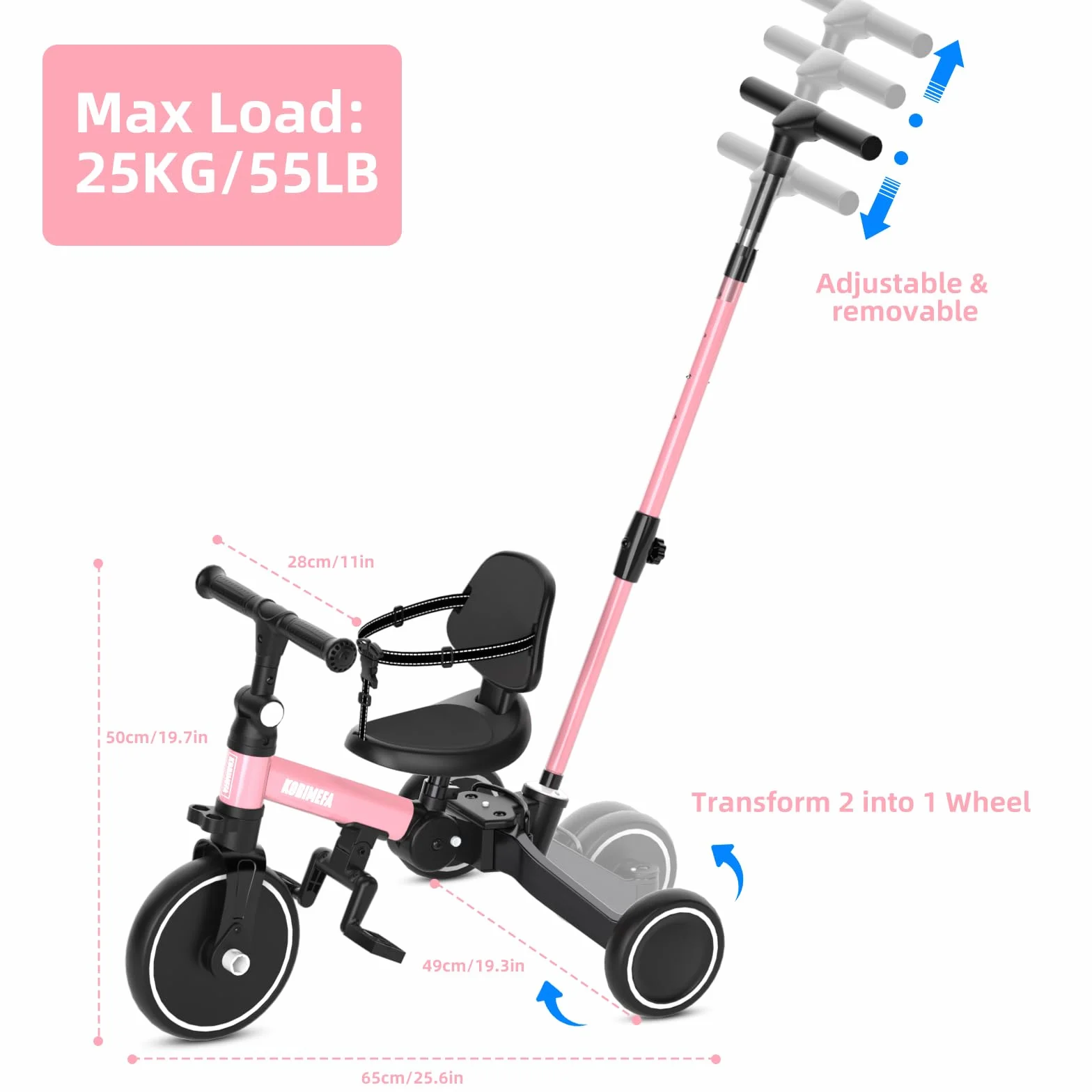 KORIMEFA Triciclos para Niños 6 en 1 Bici Multifunción, Triciclo de Equilibrio Plegable, Bicicleta, Carro de Equilibrio,Caminante Adecuado para niños de 1-4 años con Barra de Empuje Ajustable (Rosa)