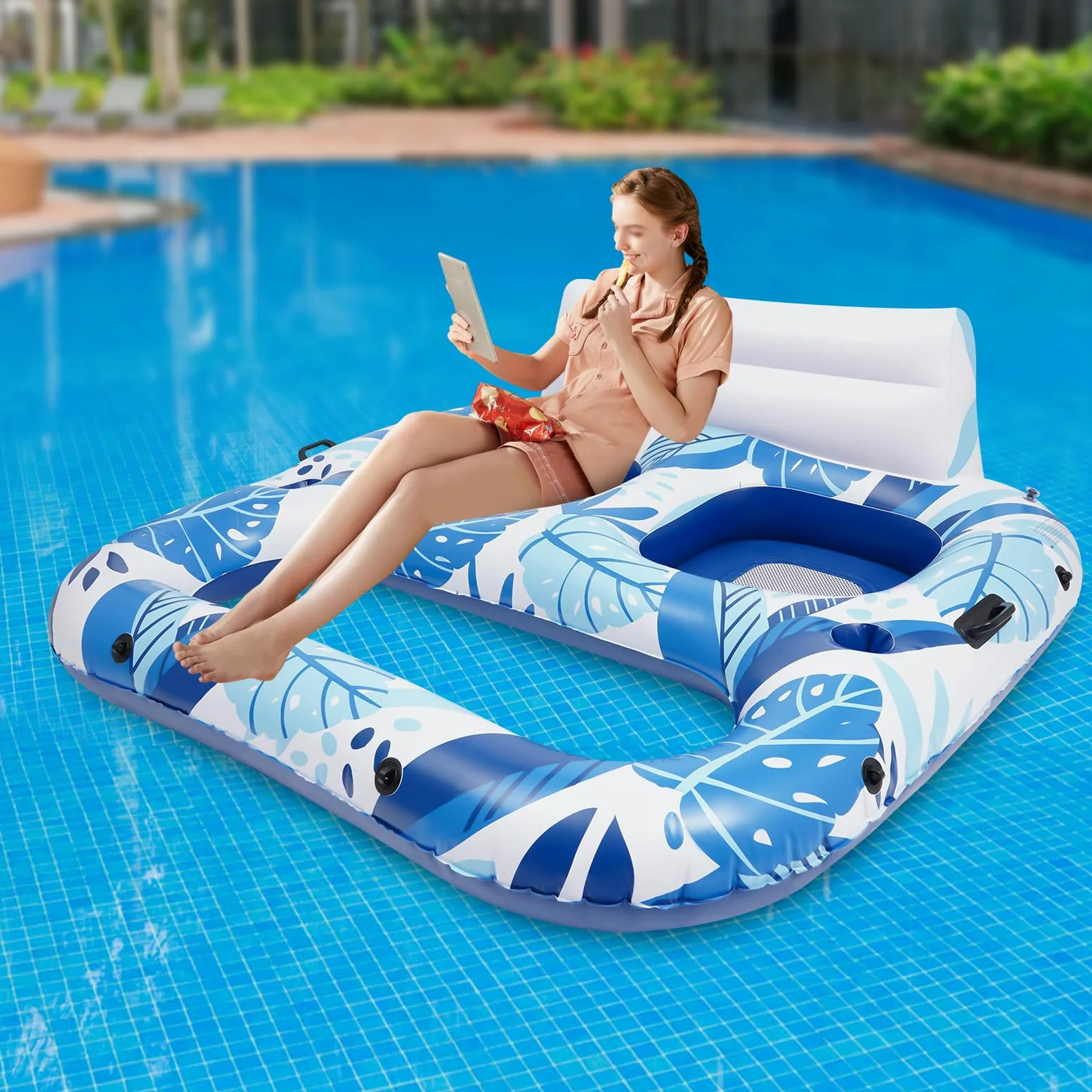 Sillón de piscina hinchable para 2 personas, colchón de aire de vacaciones para adultos con red, silla de piscina grande, tumbona de agua con soporte para bebidas y asa, azul cielo, 165 x 152 x 55 cm
