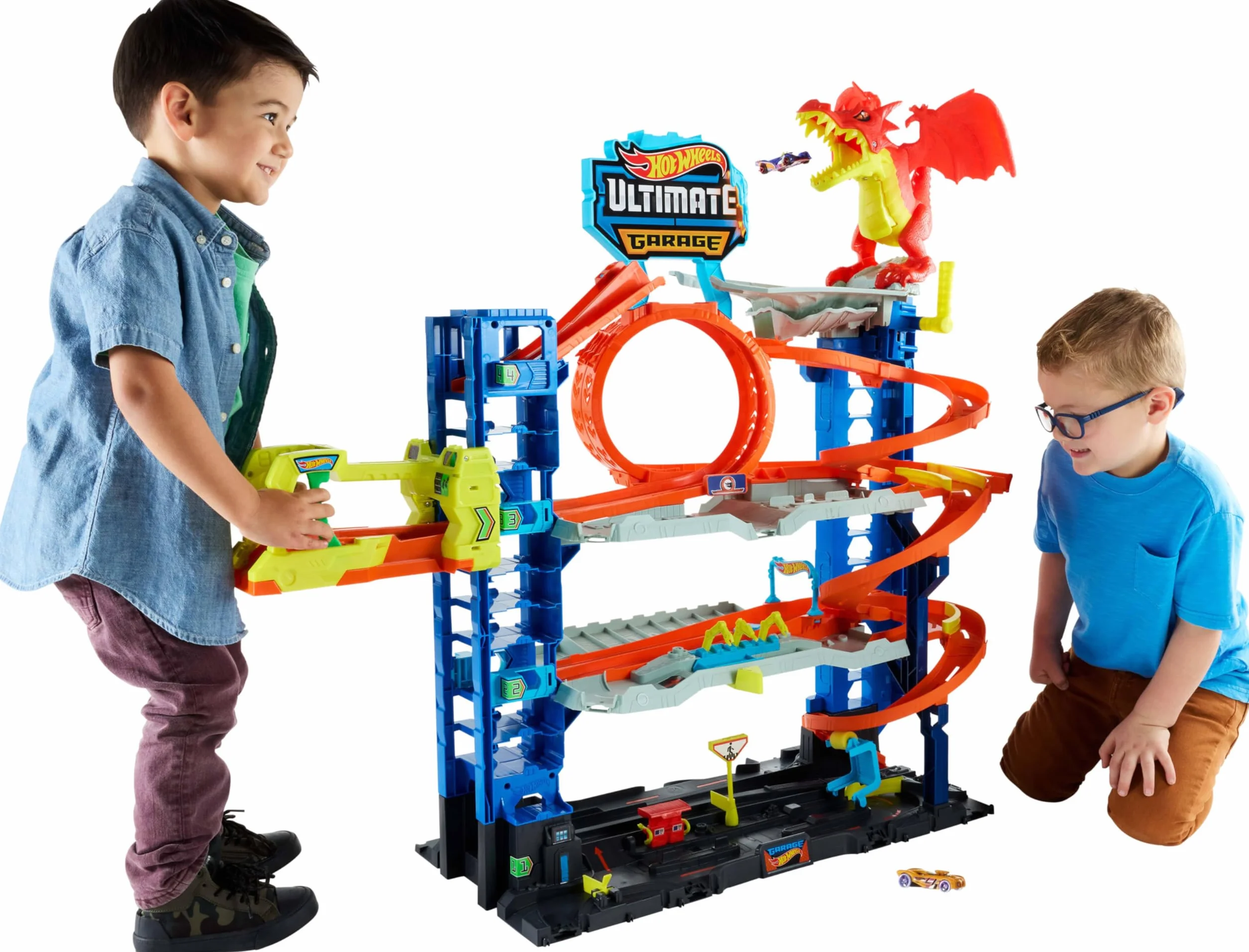 Mattel Hot Wheels City Garaje Definitivo Pista para Coches de Juguete con Dragón y 4 Niveles, Incluye 2 Vehículos, +4 años