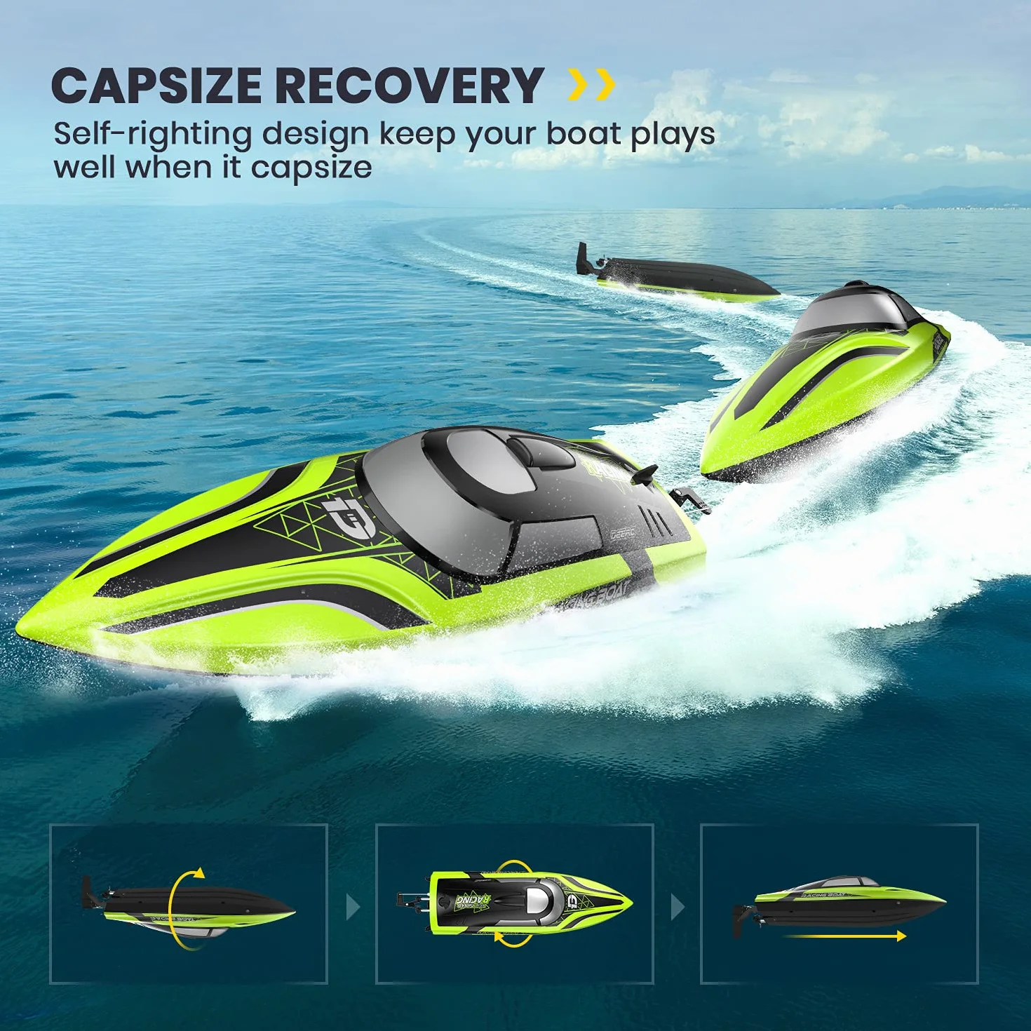 DEERC Barco RC con luz LED, más de 30 Minutos, para Piscinas y Lagos más de 20 mph, Barcos de Carreras de 2,4 GHz, 2 baterías, Juguetes de Piscina para niños, embarcaciones controladas por Radio