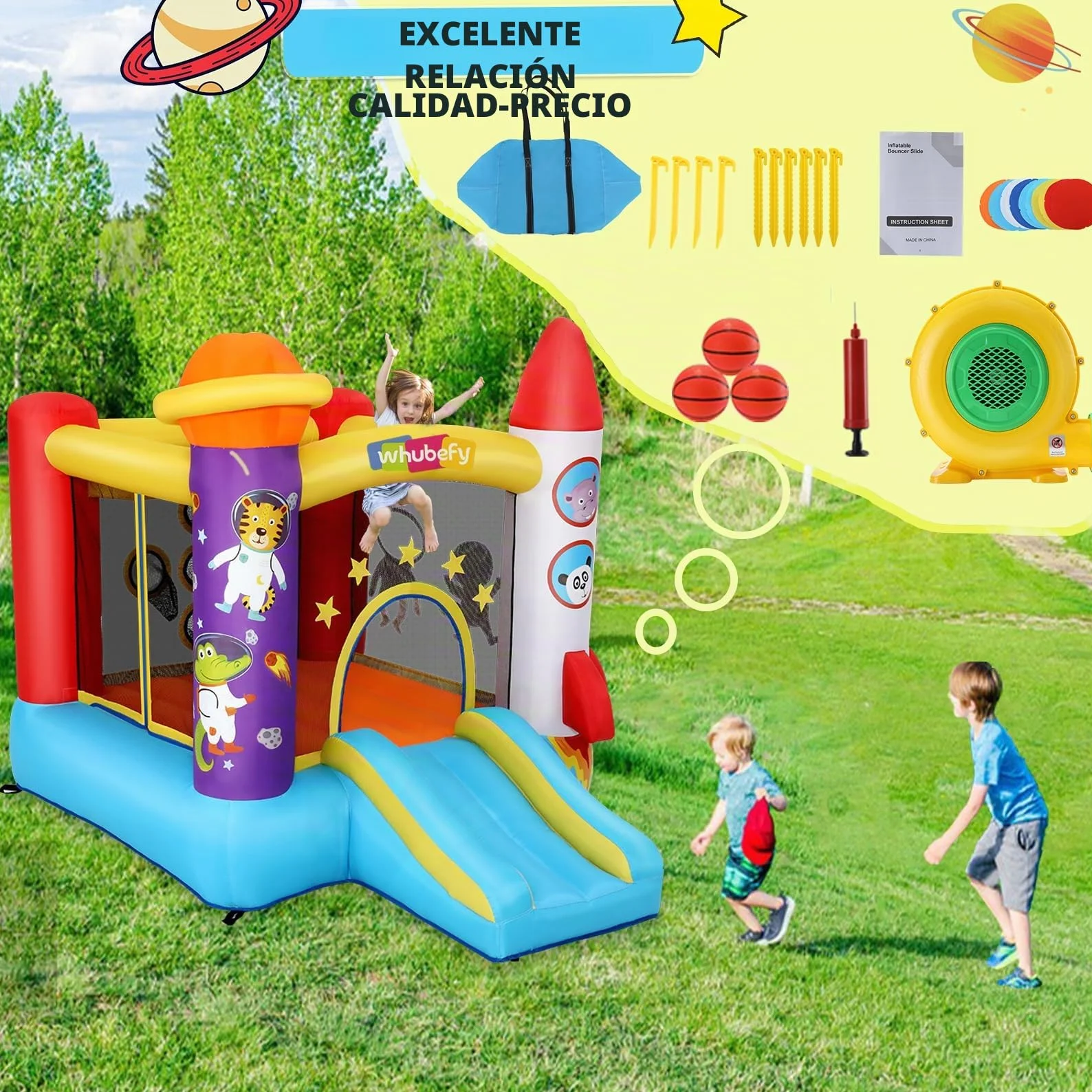 Castillo Hinchable para niños pequeños (2-8 años), Castillo Hinchable con soplador, área de Juego de astronautas y Zona de Tiro, Castillo Hinchable de Cohetes para Fiestas en Interiores y Exteriores