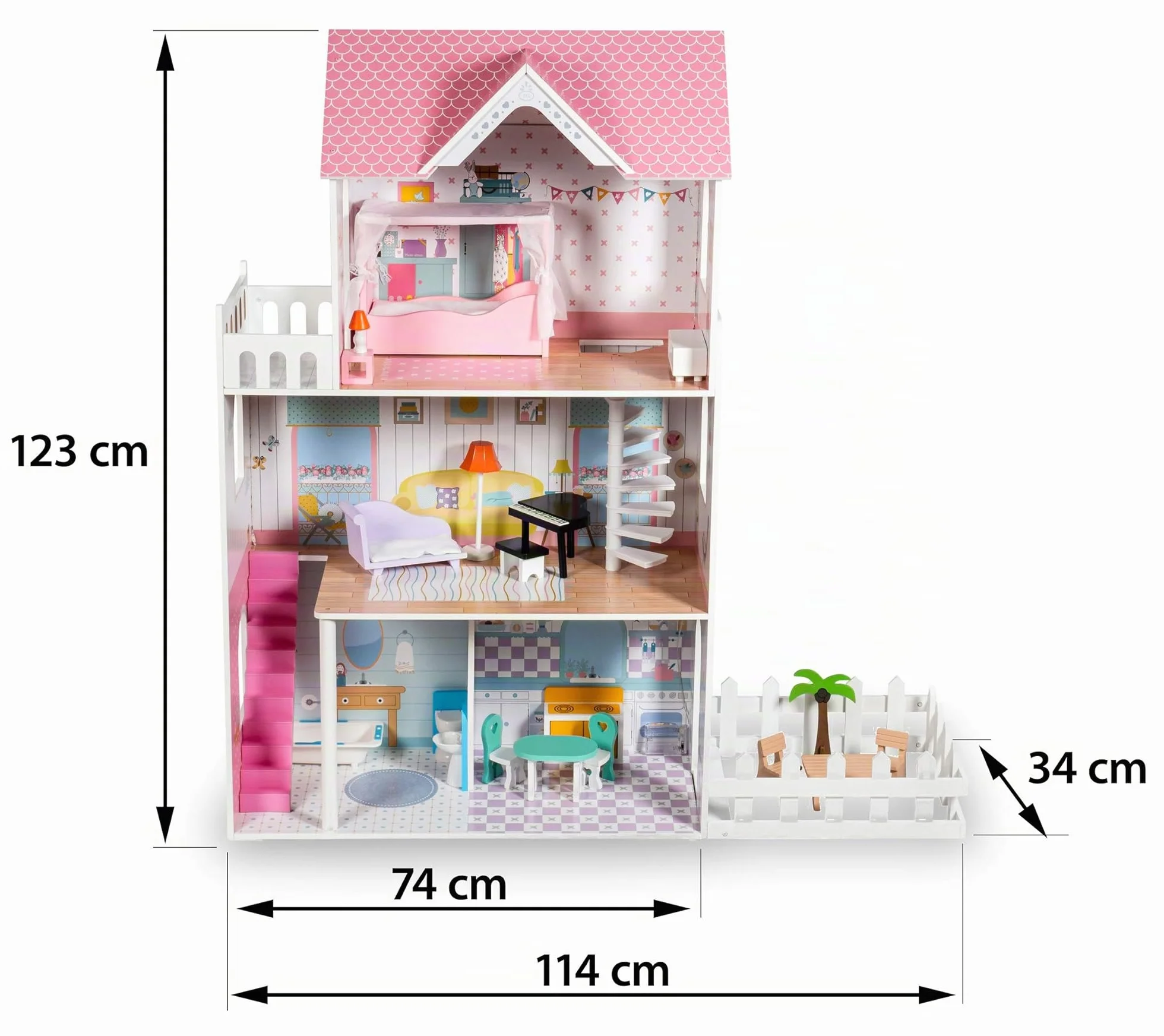 Mamabrum Casa de Muñecas de Madera XXL con LED – Casita de Muñecas de 3 Pisos con Muebles, Jardín y Accesorios – Casa de Barbie de Madera Educativa para Niñas +3 Años