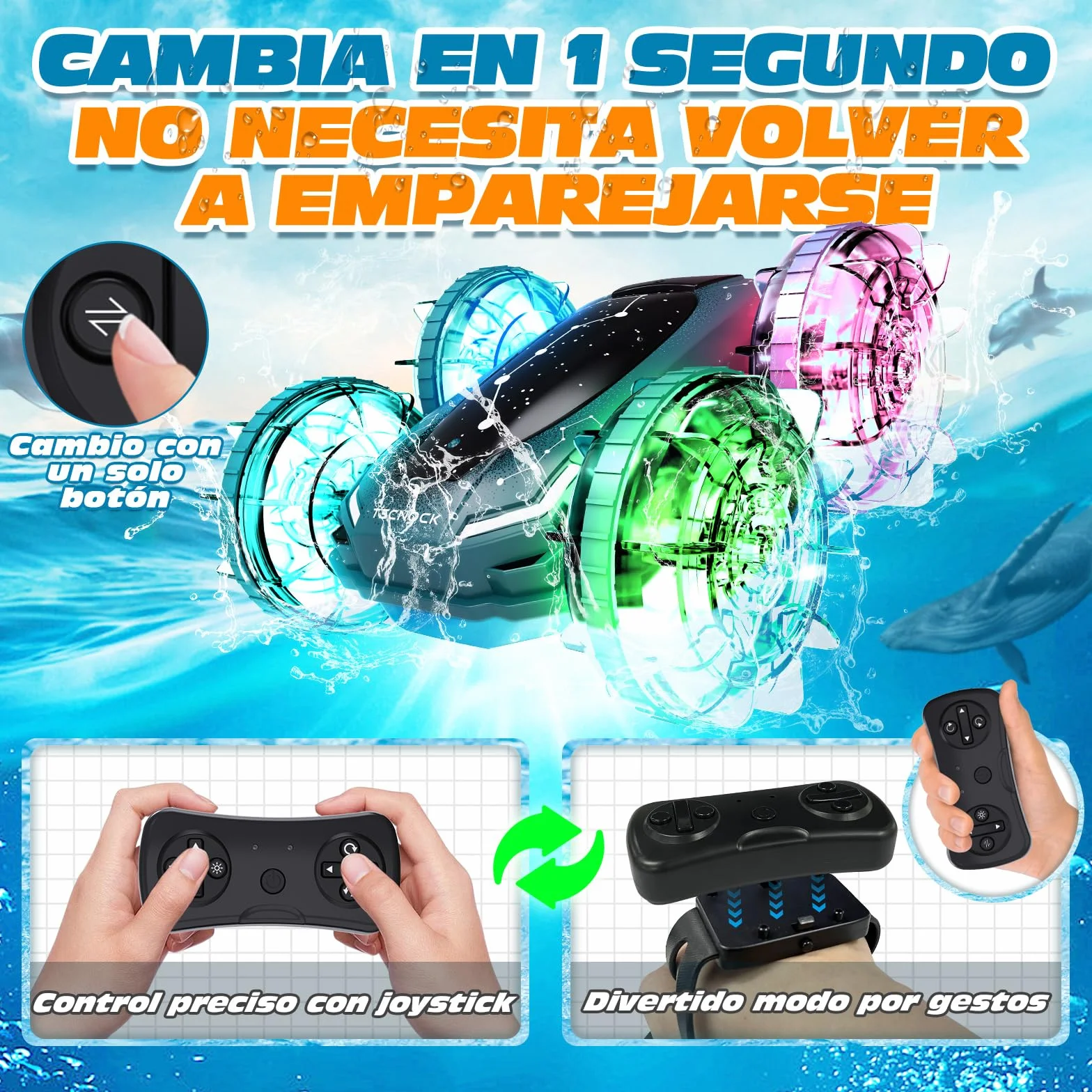 Tecnock Barco Anfibio teledirigido 4WD Control de Gestos Coche RC Carga magnética 60 Minutos Luces LED