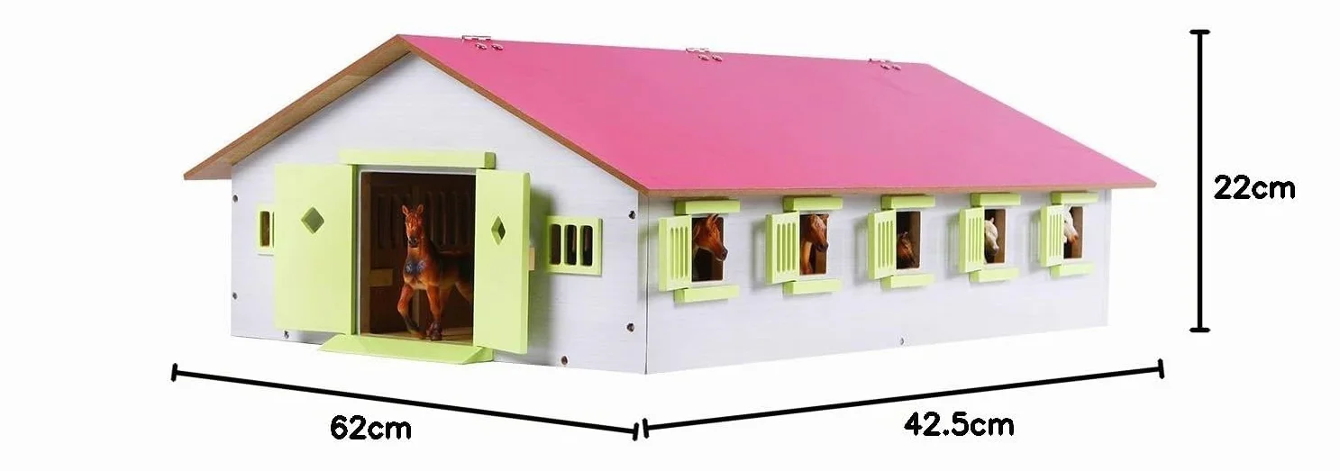 Van Manen Kids Globe Farming Granja Ecuestre con 9 establos, Caballo, cuadra de Madera con Techo Plegable, 610188, Color Rosa