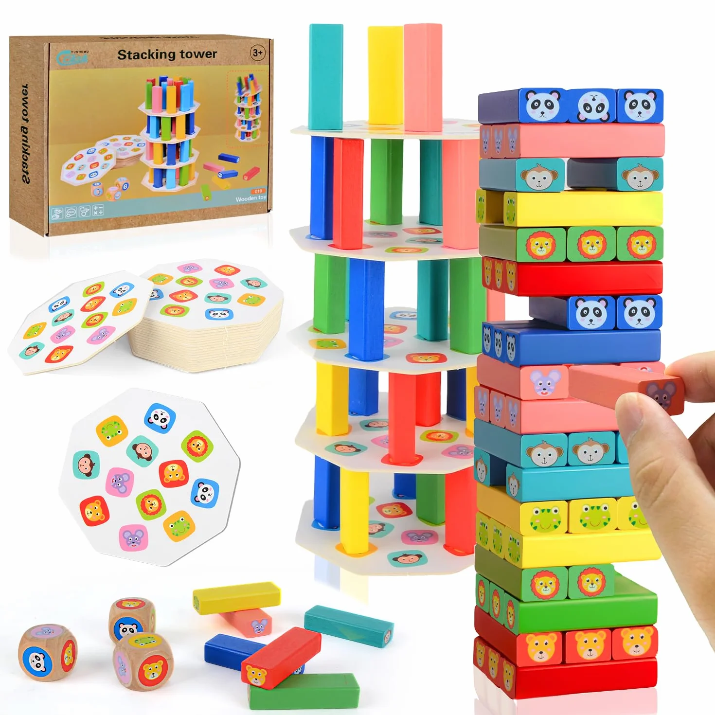 Torre de Bloques de Madera 4 en 1, Juguete Montessori de Equilibrio y Habilidad, Juego de Mesa Familiar y de Viaje, Juego Educativo Regalo para Niños y Niñas de 3 a 9 años