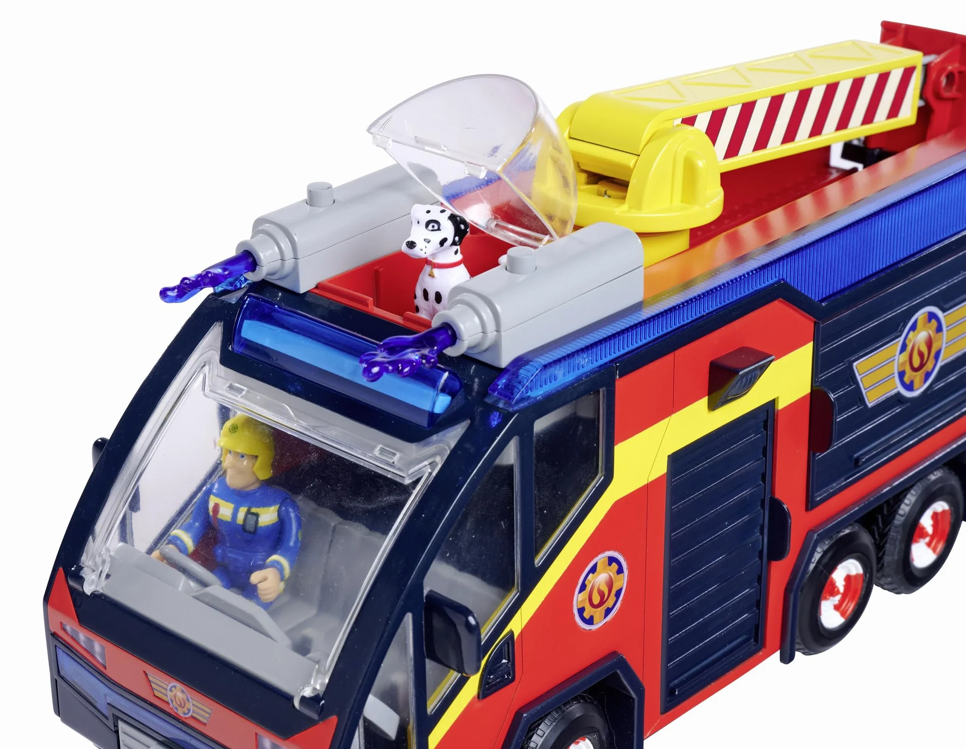 Simba 109252595 Figura de Júpiter Bombero, camión de Bomberos, Sam y Radar, Efectos de luz, Sirena, Escalera giratoria, Flechas de Agua, Plataforma para Quad, 32 cm, Accesorios, a Partir de 3 años