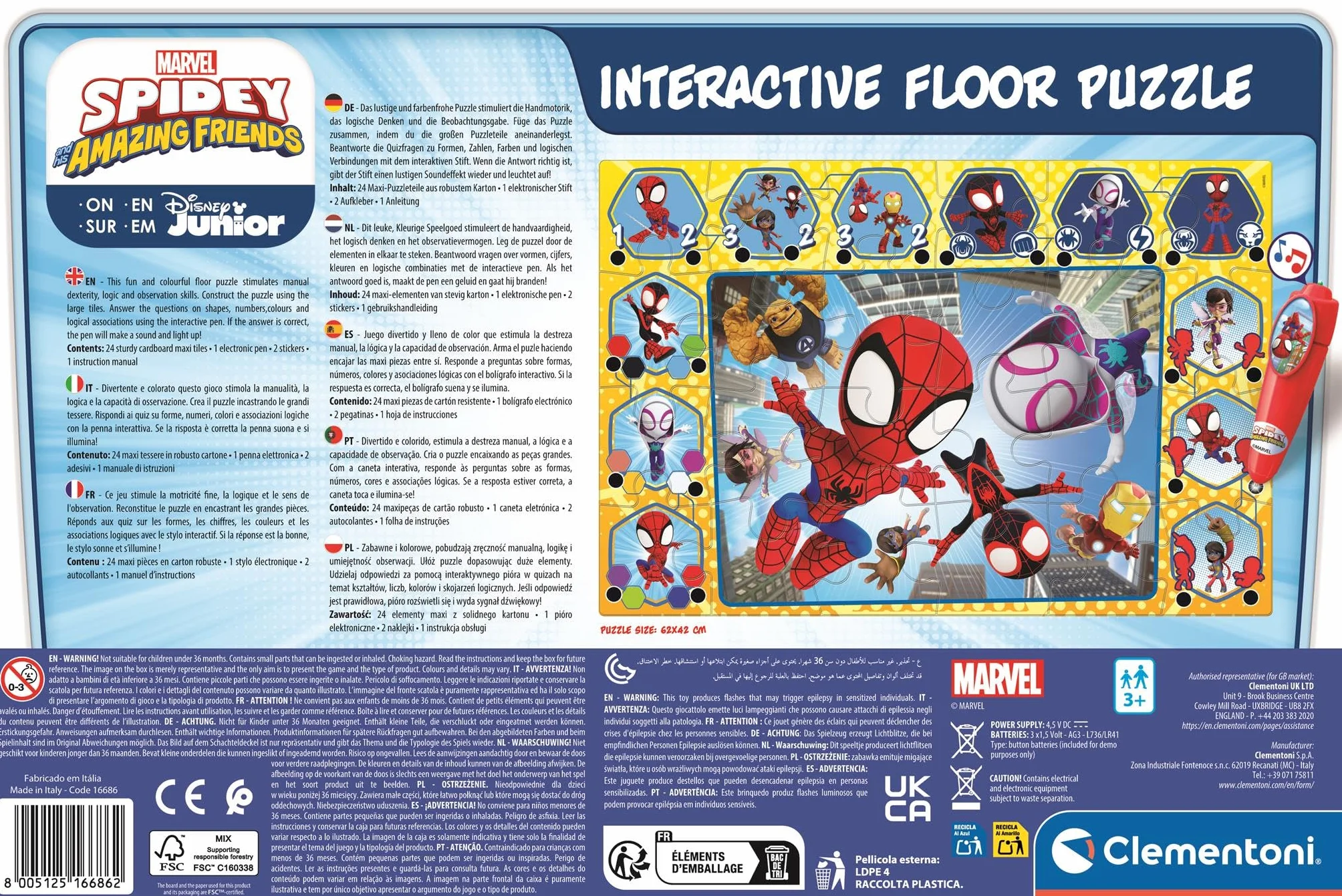 Clementoni - Puzzle Interactivo de Marvel Spidey and His Amazing Friends para Suelo - 24 Piezas, Pen Interativa, Desarrollo Autonomía y Concentración, 3+ Años, 62x42 cm, 16686