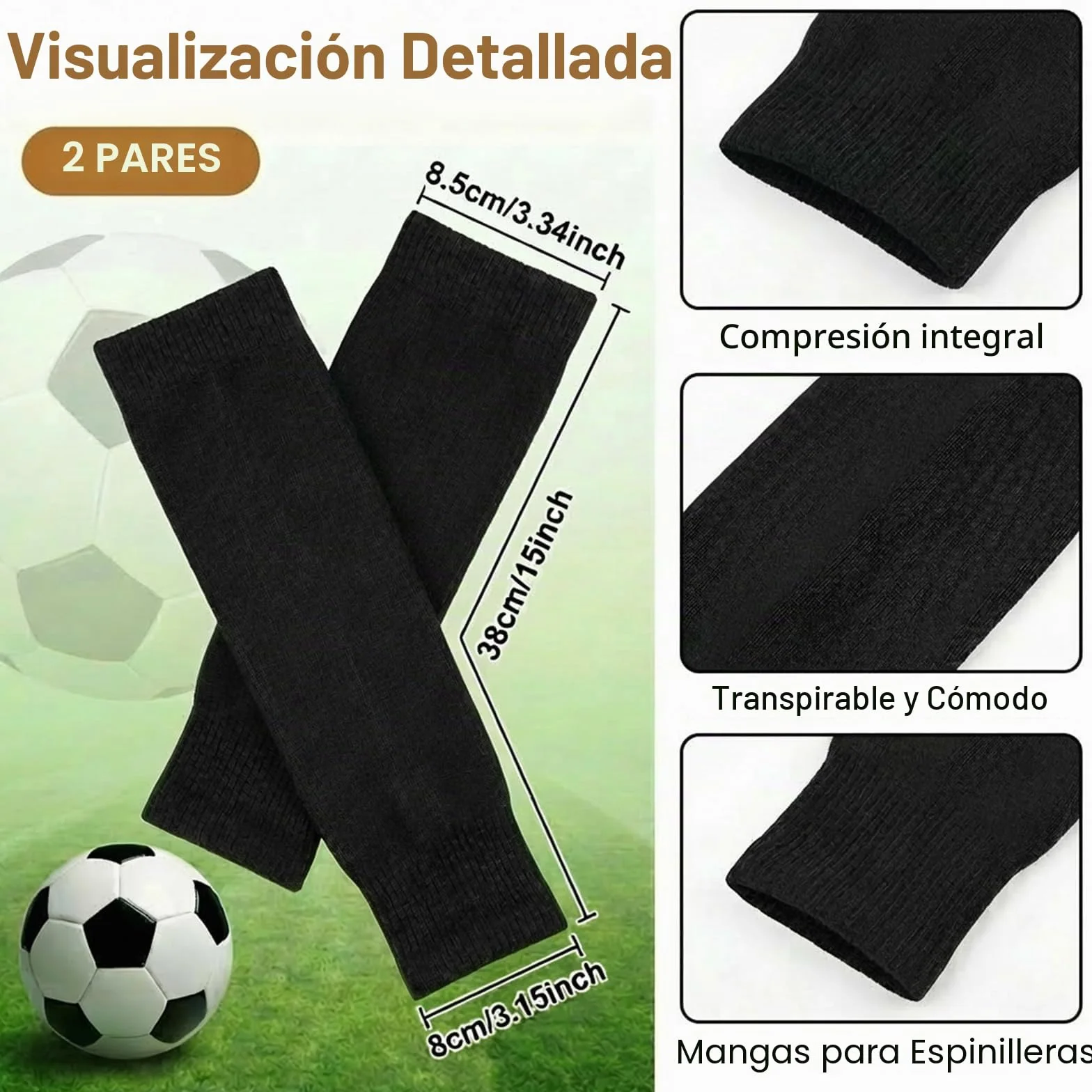 2 Pares de Medias de Fútbol sin Pie, Sujetador de Espinilleras para Adulto, Mangas de Compresión Transpirables y Antideslizantes