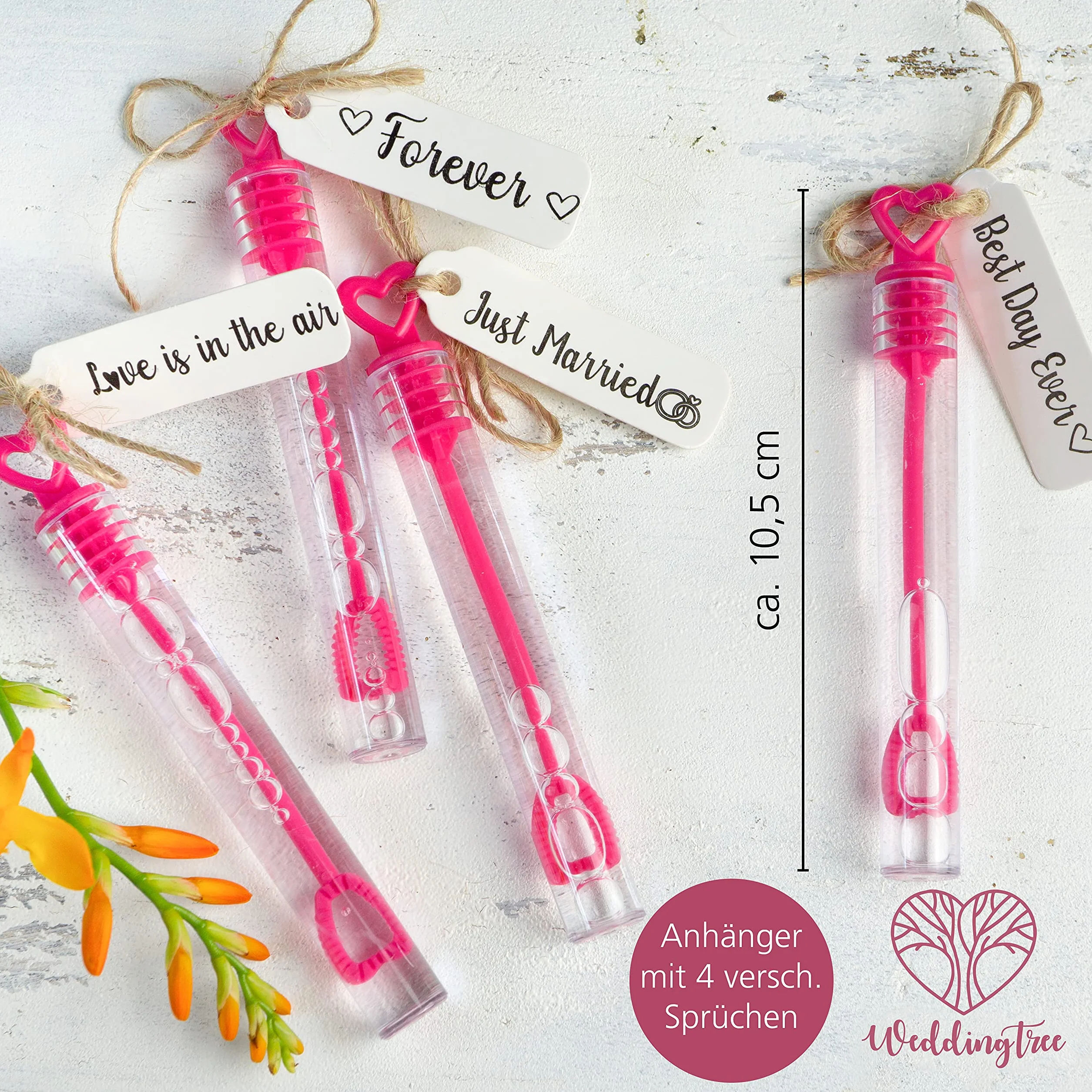 WeddingTree 48 Pompas de Jabon Boda Rosa - Pomperos Boda - con Mango en Forma de Corazón para Bodas, Bautizos, Cumpleaños, San Valentín u Otras Celebraciones