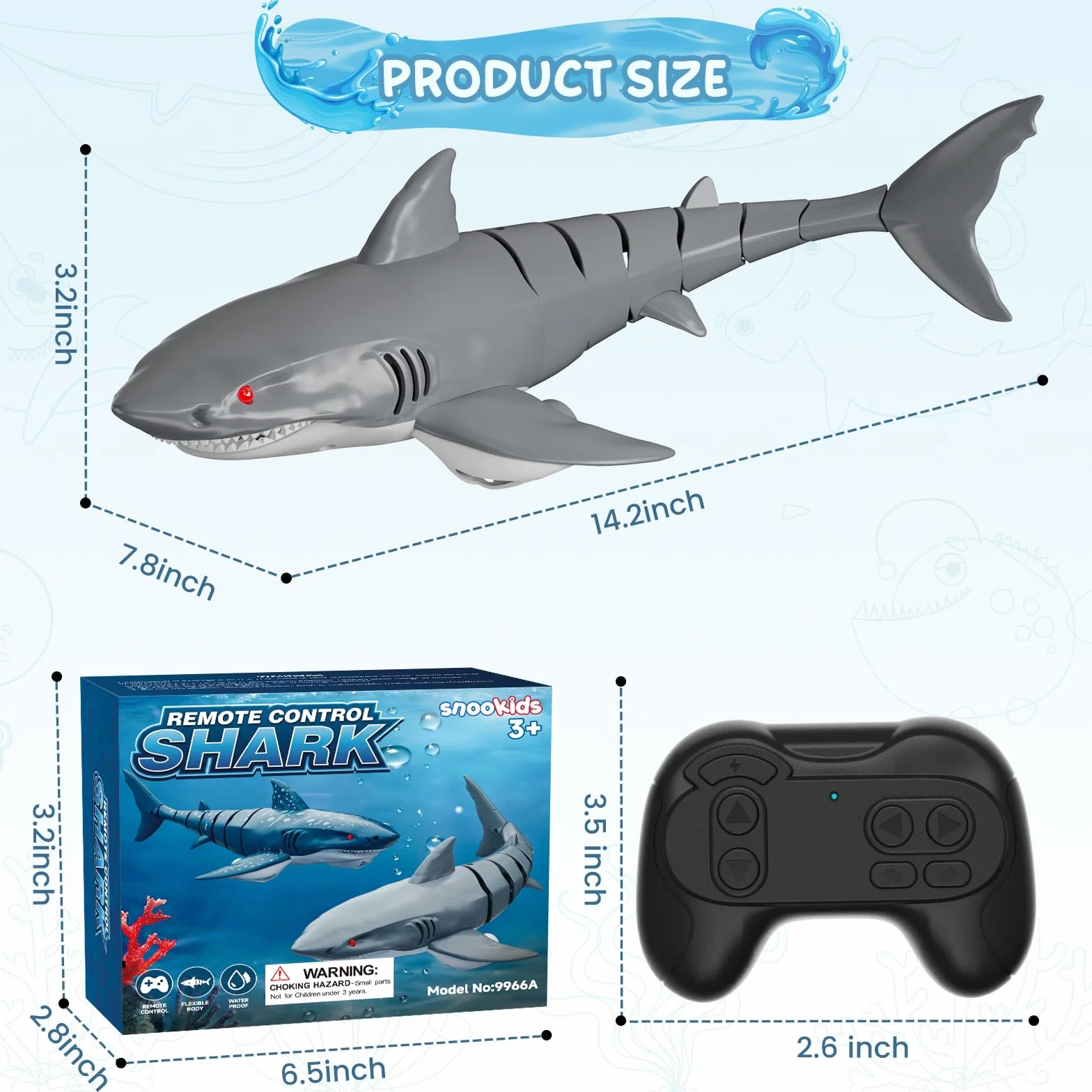 snookids Tiburón Teledirigido Juguete – 2,4 GHz Barco Teledirigido Simulación Shark, USB Recargable, Juguete Piscina con Luz en Ojos y Encendido Automático, Regalo para Niños y Niñas