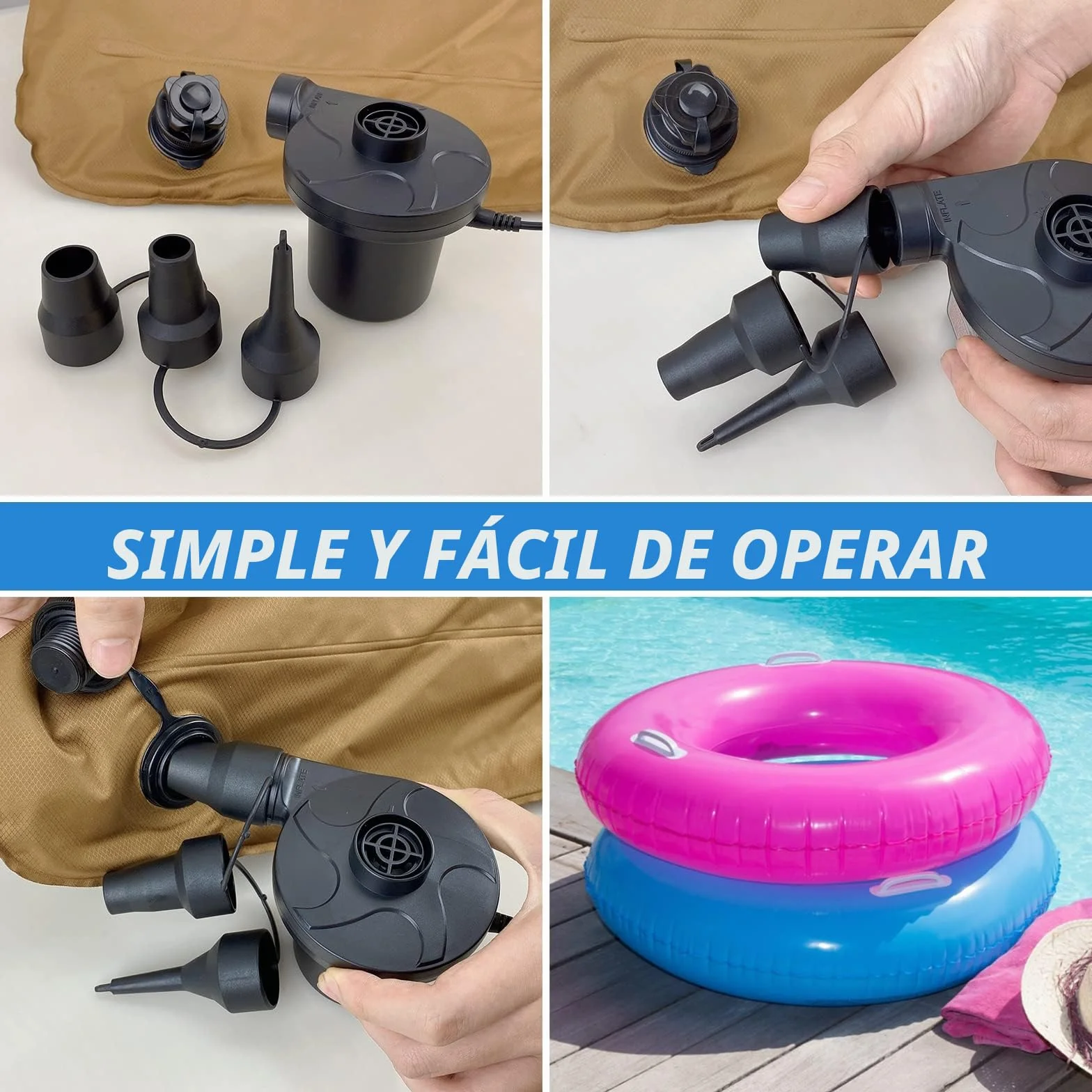 Inflador Eléctrico Portátil 220-240V AC 2 en 1 con 3 Boquillas