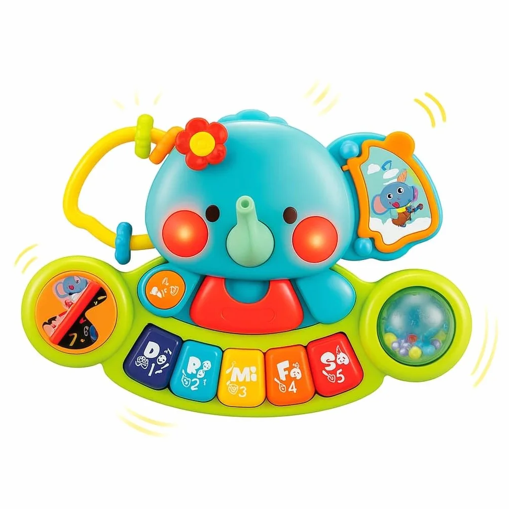 Hola - Piano Infantil de Juguete - con Luces y Sonidos Reales de Instrumentos Musicales - Juego Elefante Musical con Teclado y 7 Actividades - Juguete Sensorial y Educativo - Regalo Bebe +6 Meses