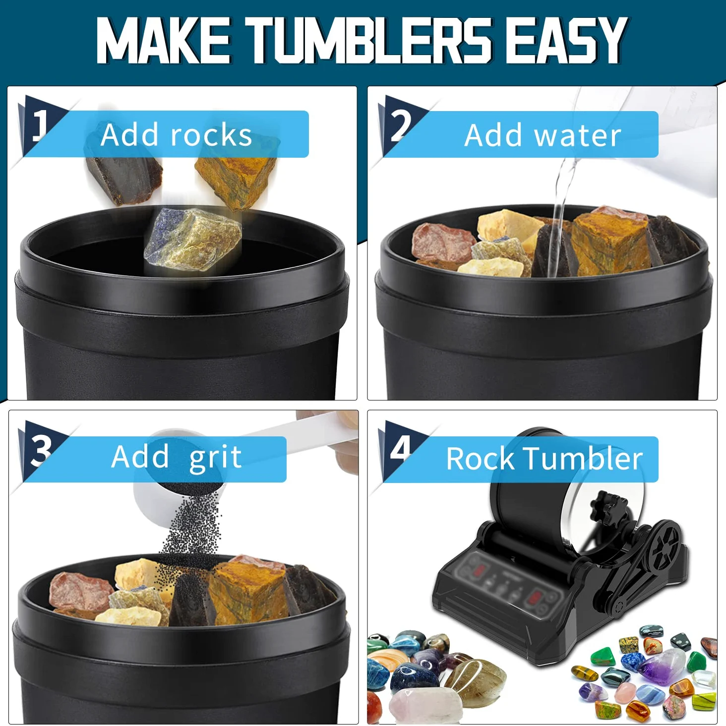 Rock Tumbler Grit Set, recambio para pulir de grano de roca, 4 soportes básicos de tambor (grano grueso, grano medio, prepulido, pulido final), juego de vasos de roca 2.0 para cualquier marca