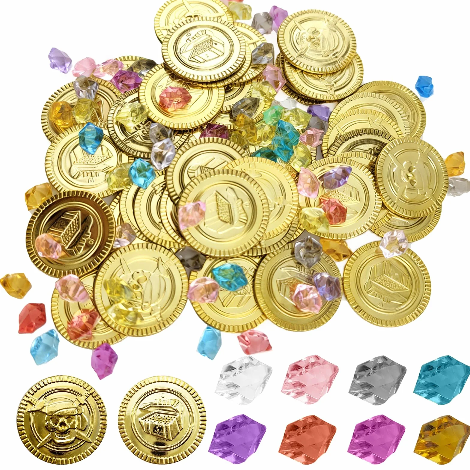 160 Piezas Monedas de Oro Piratas Juguetes, Monedas Chocolate, Gemas Infantiles | para búsquedas del Tesoro, Bolsas de Fiesta, Recuerdos, cofres del Tesoro, Juguetes Piratas y Celebraciones